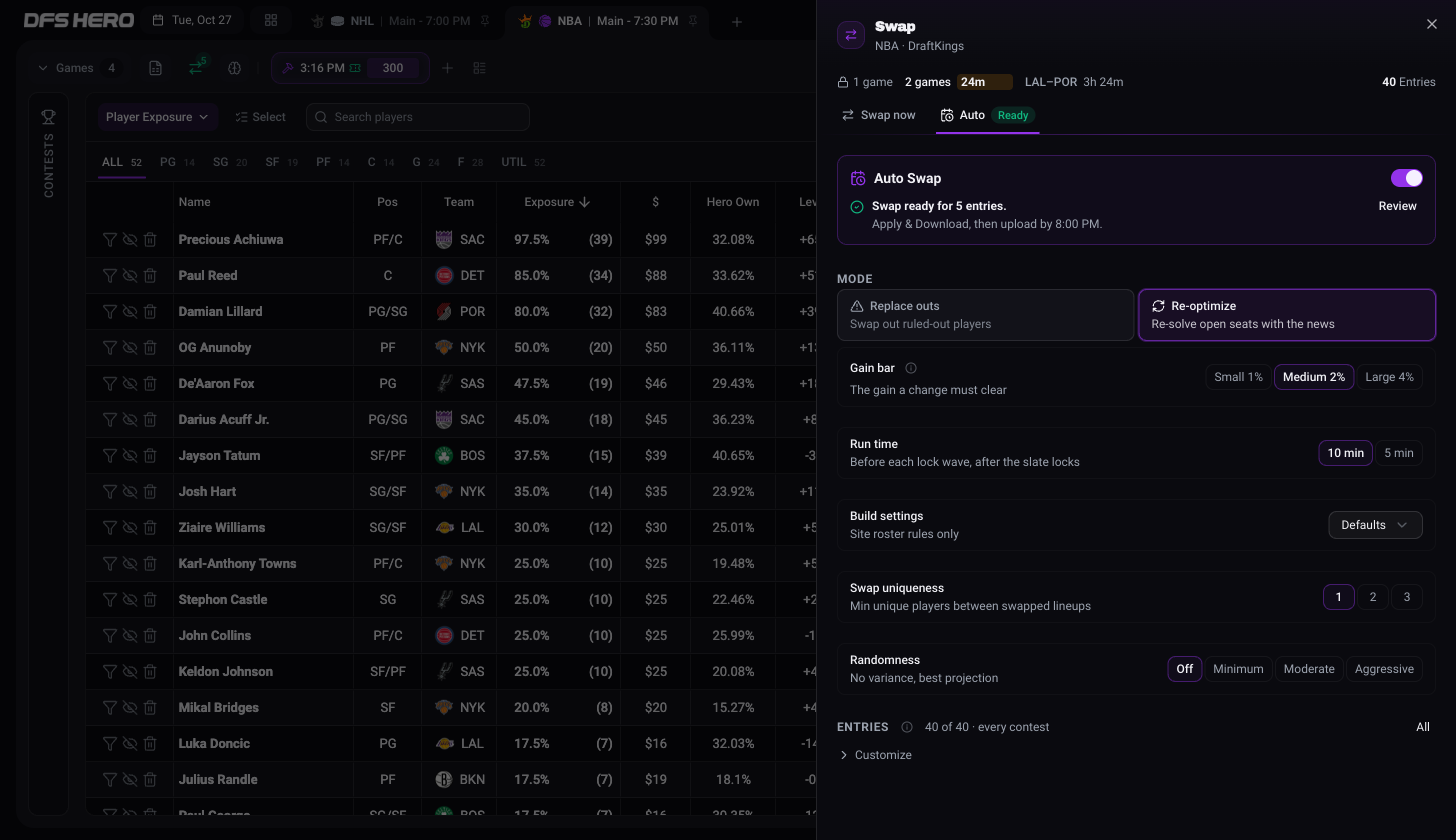 The Auto tab of the Swap sheet after lock, with Auto Swap on, the status line reading Swap ready for 5 entries, Re-optimize selected, the gain bar on Medium 2%, the run time on 10 min, and Build settings on Defaults