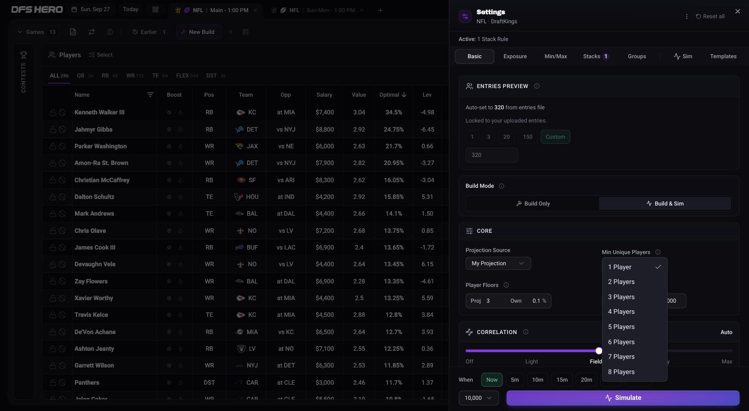 The Min Unique Players dropdown open on an NFL DraftKings slate, listing 1 Player through 8 Players