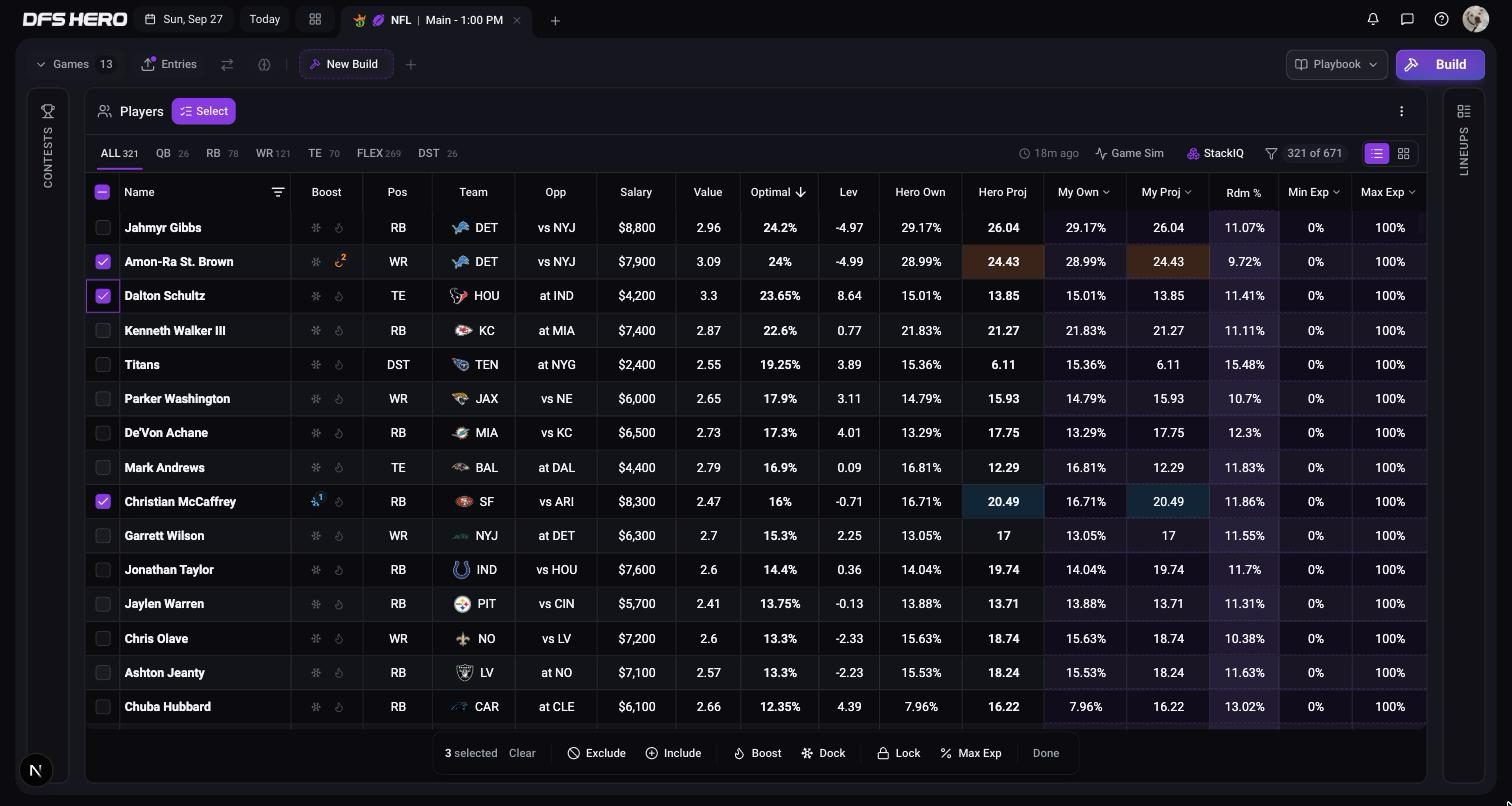Select mode with three players ticked and the bar at the bottom showing Clear, Exclude, Include, Boost, Dock, Lock, Max Exp, and Done