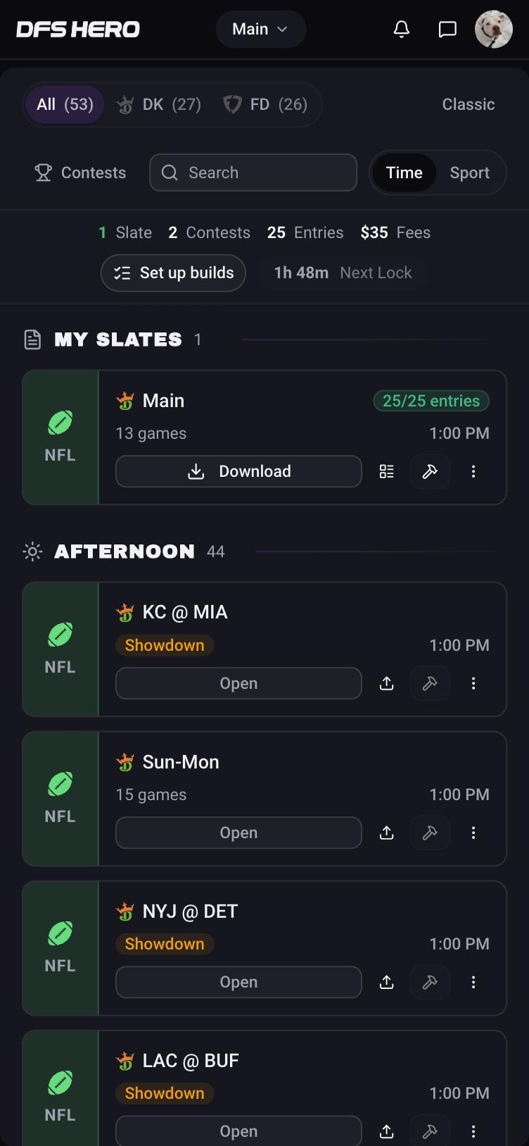 The Day View on a phone: the site tabs and filters on two lines, the stats bar, and the slate cards in one column