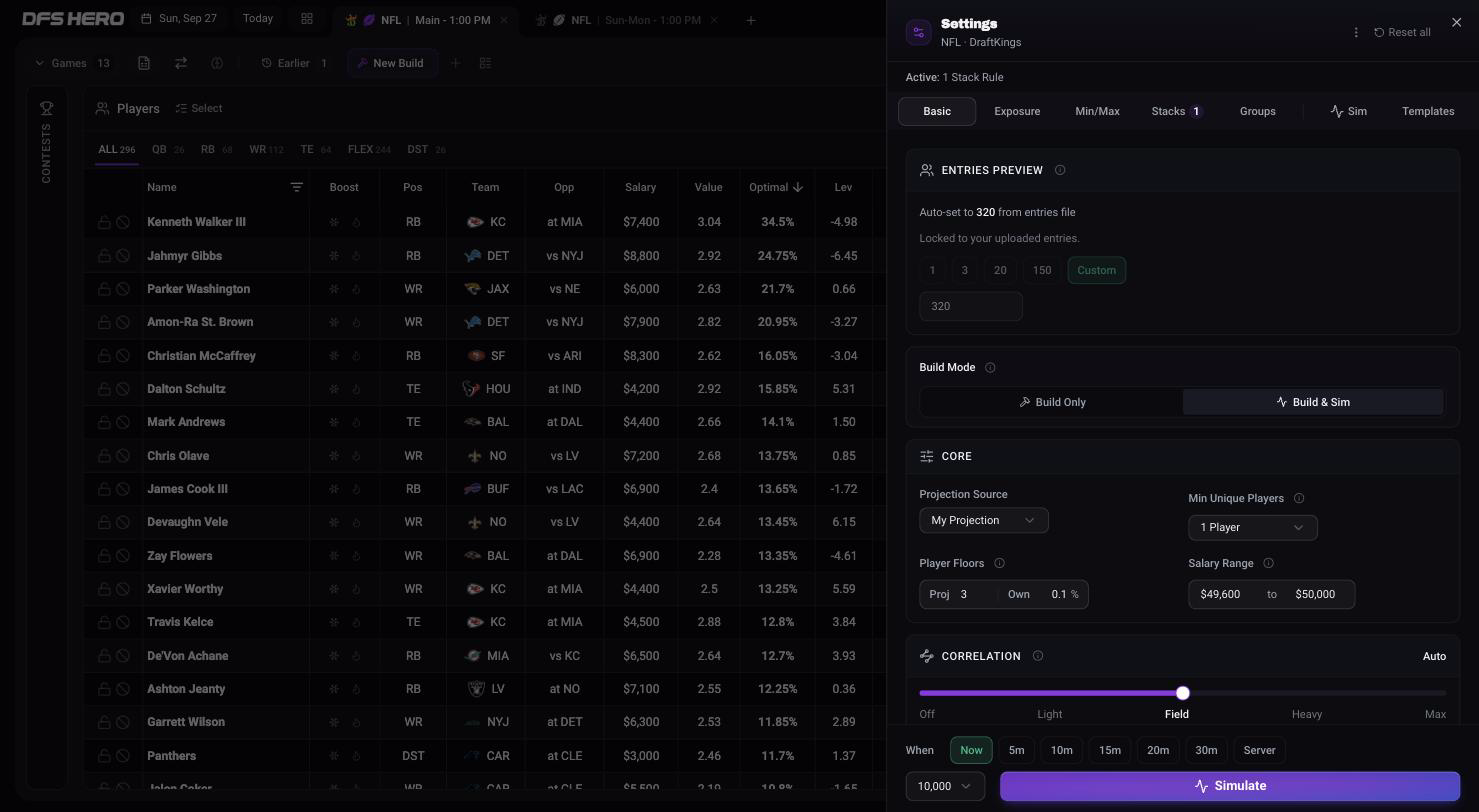 The Build Settings sheet on the Basic tab for NFL on DraftKings, with the header, the tab row, the Entries Preview, Build Mode, Core, and Correlation cards, and the footer with the When row, the lineup count, and Simulate