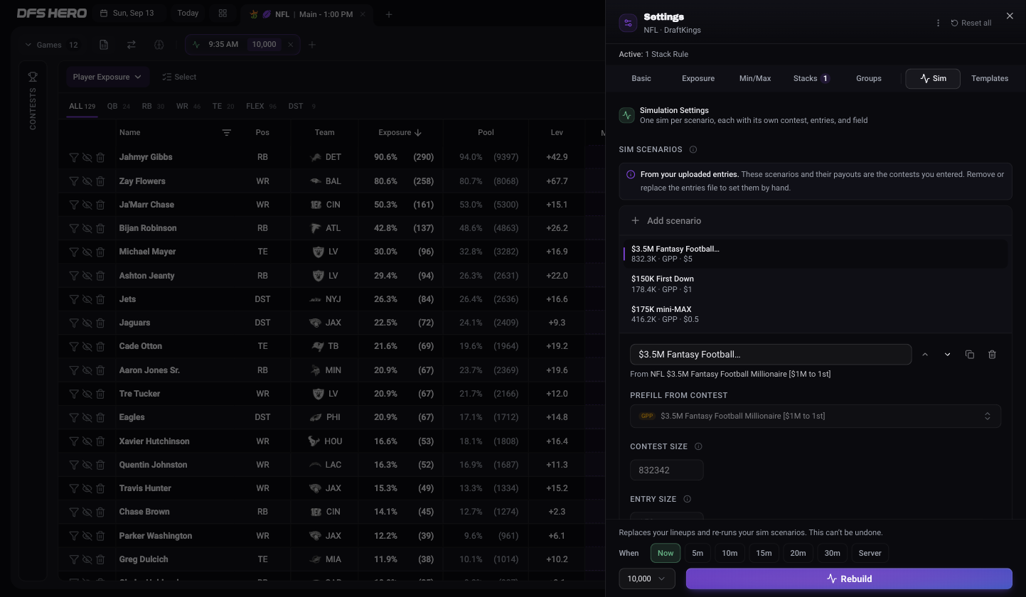 The Build Settings sheet on the Sim tab in Build & Sim mode, with three scenarios prefilled from an uploaded entries file and the footer button reading Rebuild