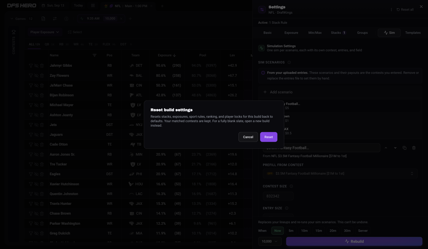 The Reset build settings dialog with the text Resets stacks, exposures, sport rules, ranking, and player locks for this build back to defaults