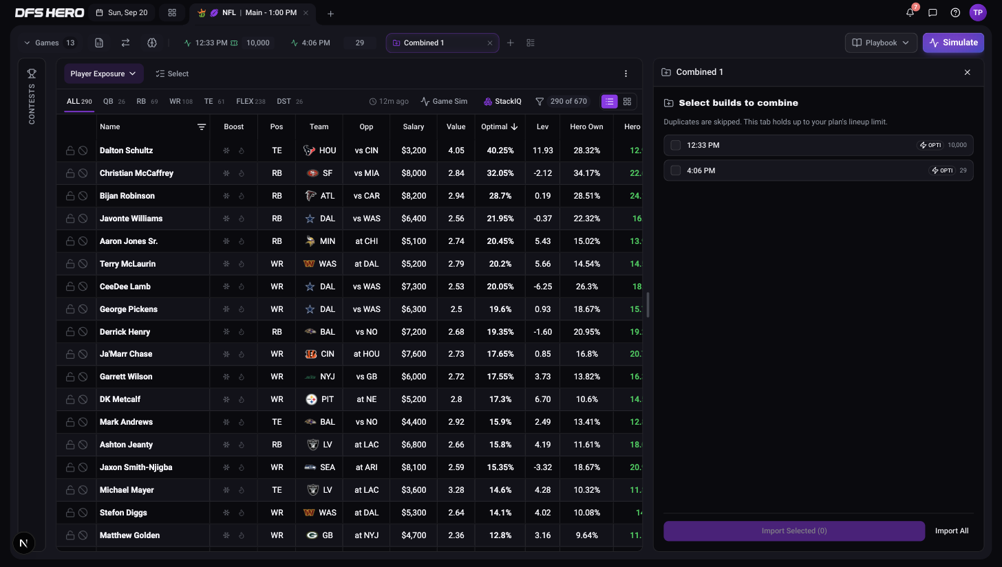The empty combined build with the Select builds to combine list, two builds with checkboxes, Import Selected and Import All