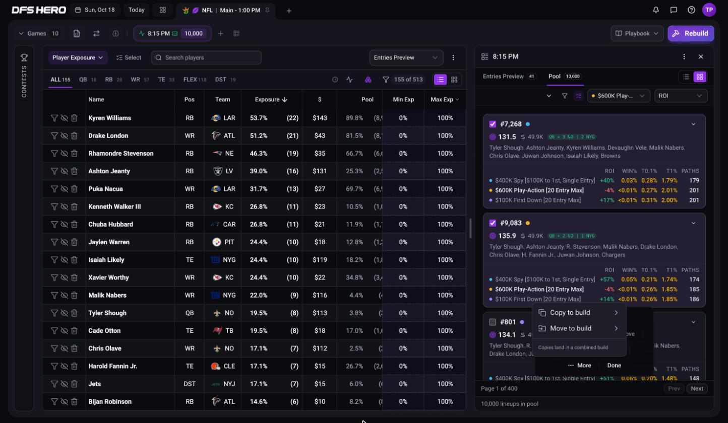 Select mode on the Pool tab with two lineups checked and the More menu open on Copy to build and Move to build
