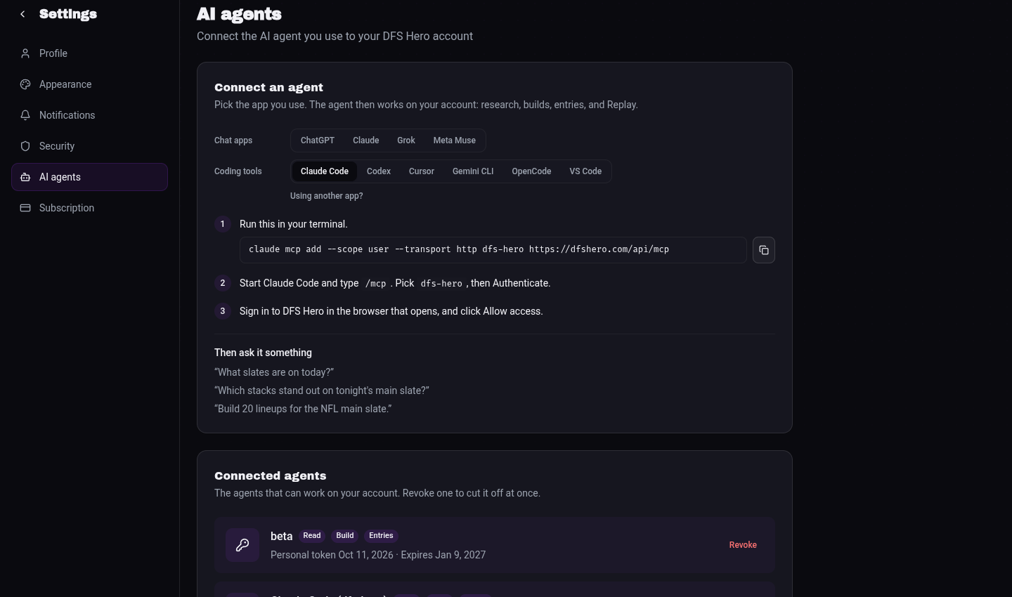 The Claude Code steps on Settings, AI agents, with the command to copy