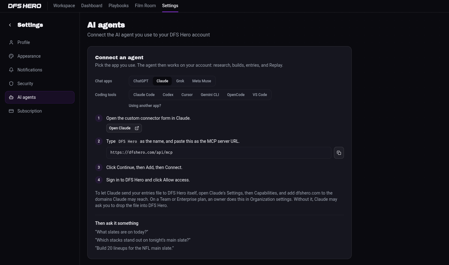 Settings, AI agents, with Claude picked under Connect an agent and its four steps