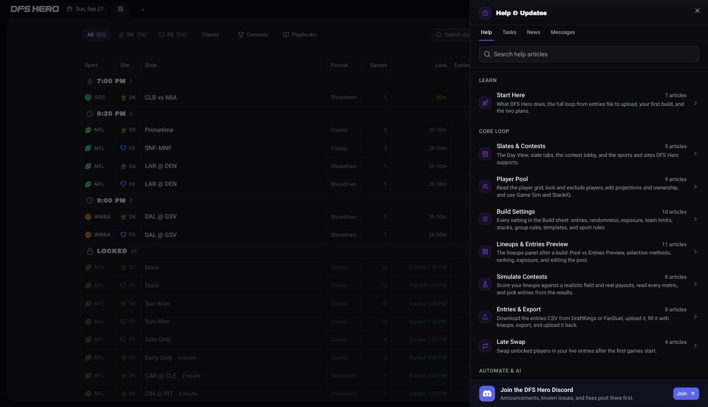 The Help tab of the Help & Updates panel: the search field, the collections grouped under Learn and Core loop, and the Join the DFS Hero Discord bar at the bottom