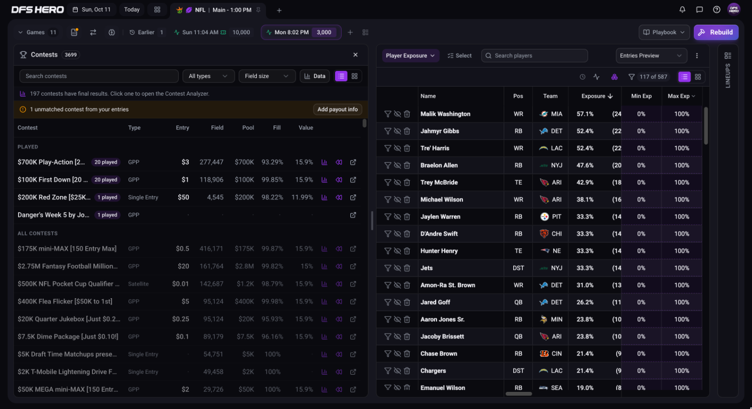 The Contests panel on a finished slate, with the Played group above All contests, the Data filter, and the Data and Replay buttons in each row