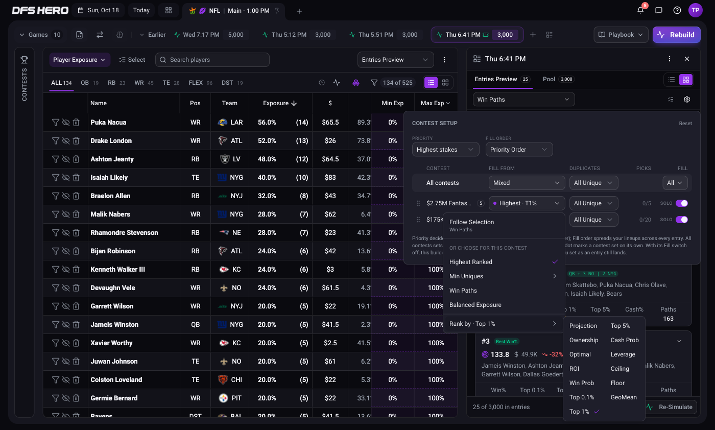 The FILL FROM menu open on a contest set to Highest Ranked, with the Rank by submenu listing Projection, Ownership, Optimal, and the sim metrics, and Top 1% checked