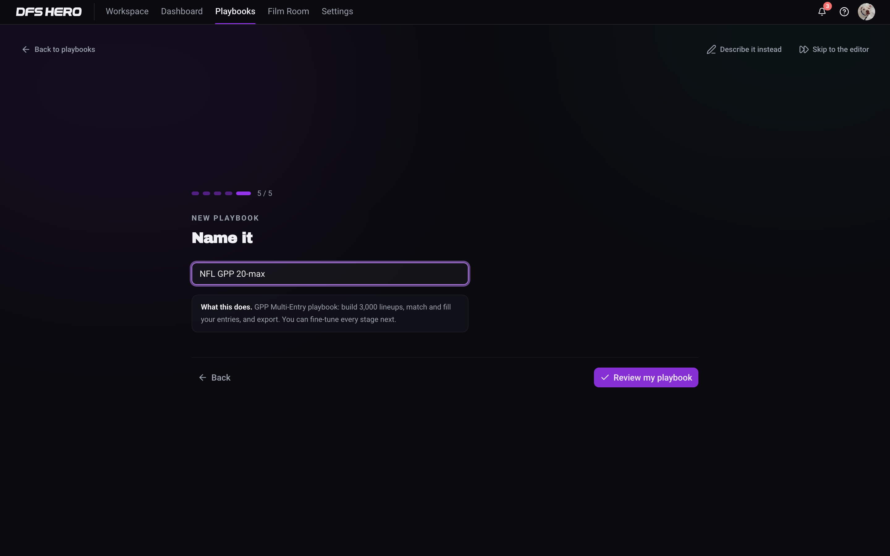 Interview step 5 of 5, Name it, with the name NFL GPP 20-max typed in