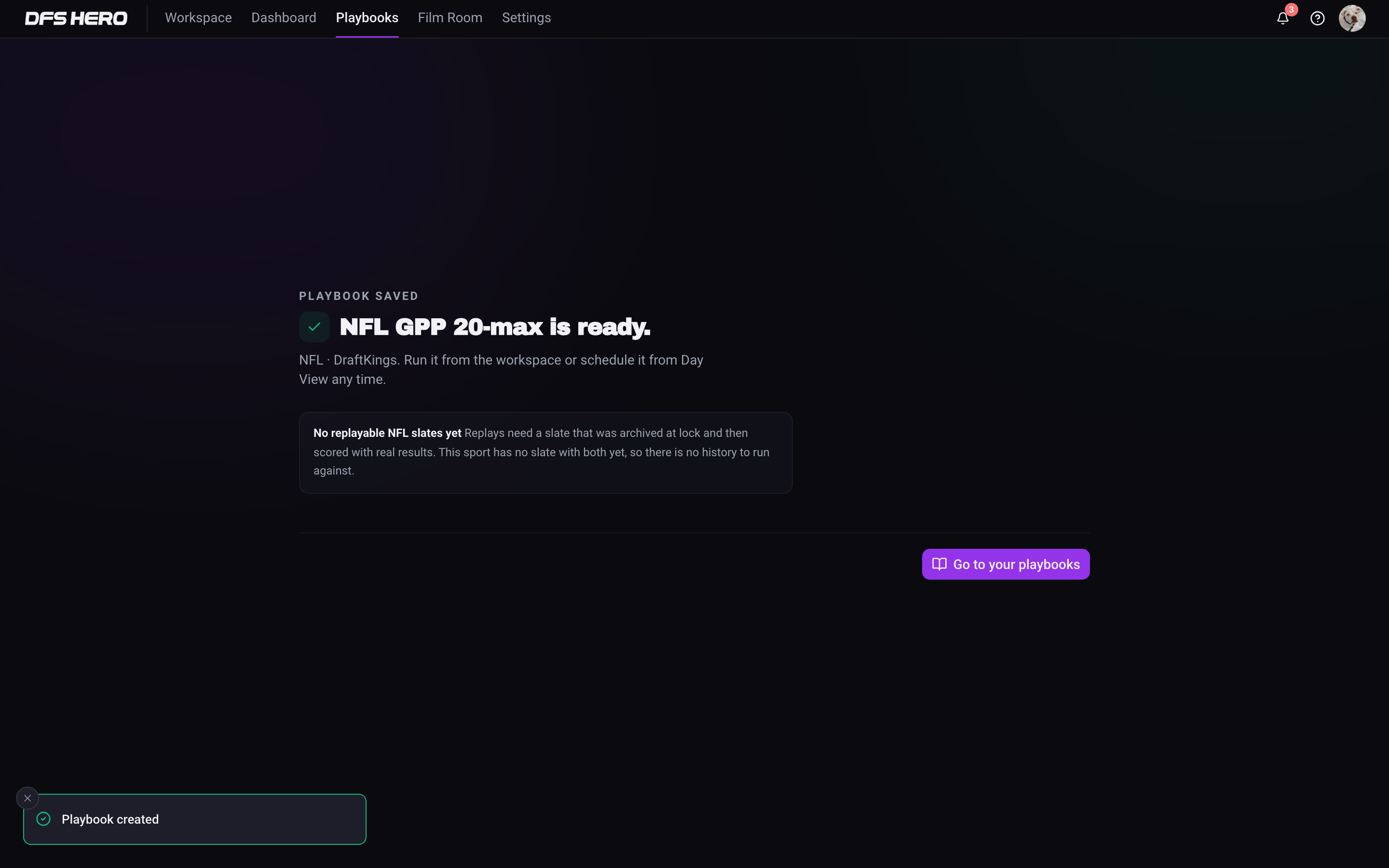 The Playbook saved screen for NFL GPP 20-max, with the Go to your playbooks button
