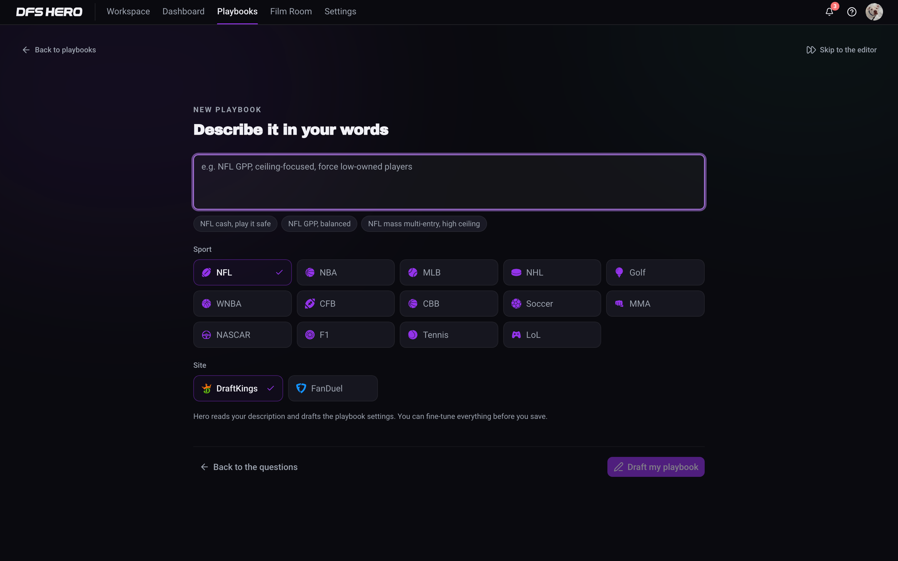 The Describe it in your words panel with the example chips, the Sport and Site tiles, and the Draft my playbook button