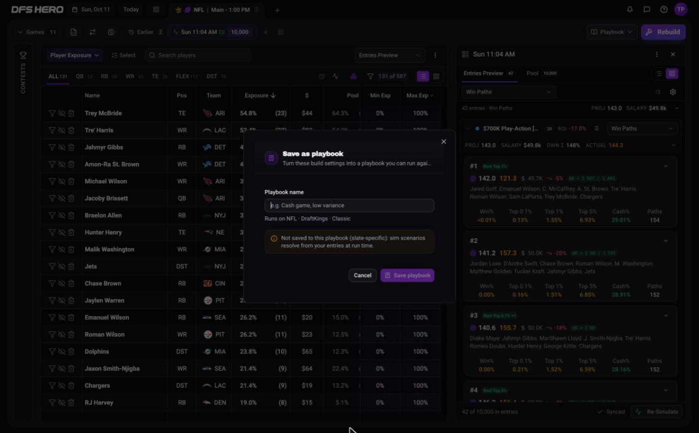 The Save as playbook dialog with the Playbook name field and the line Runs on NFL, DraftKings, Classic