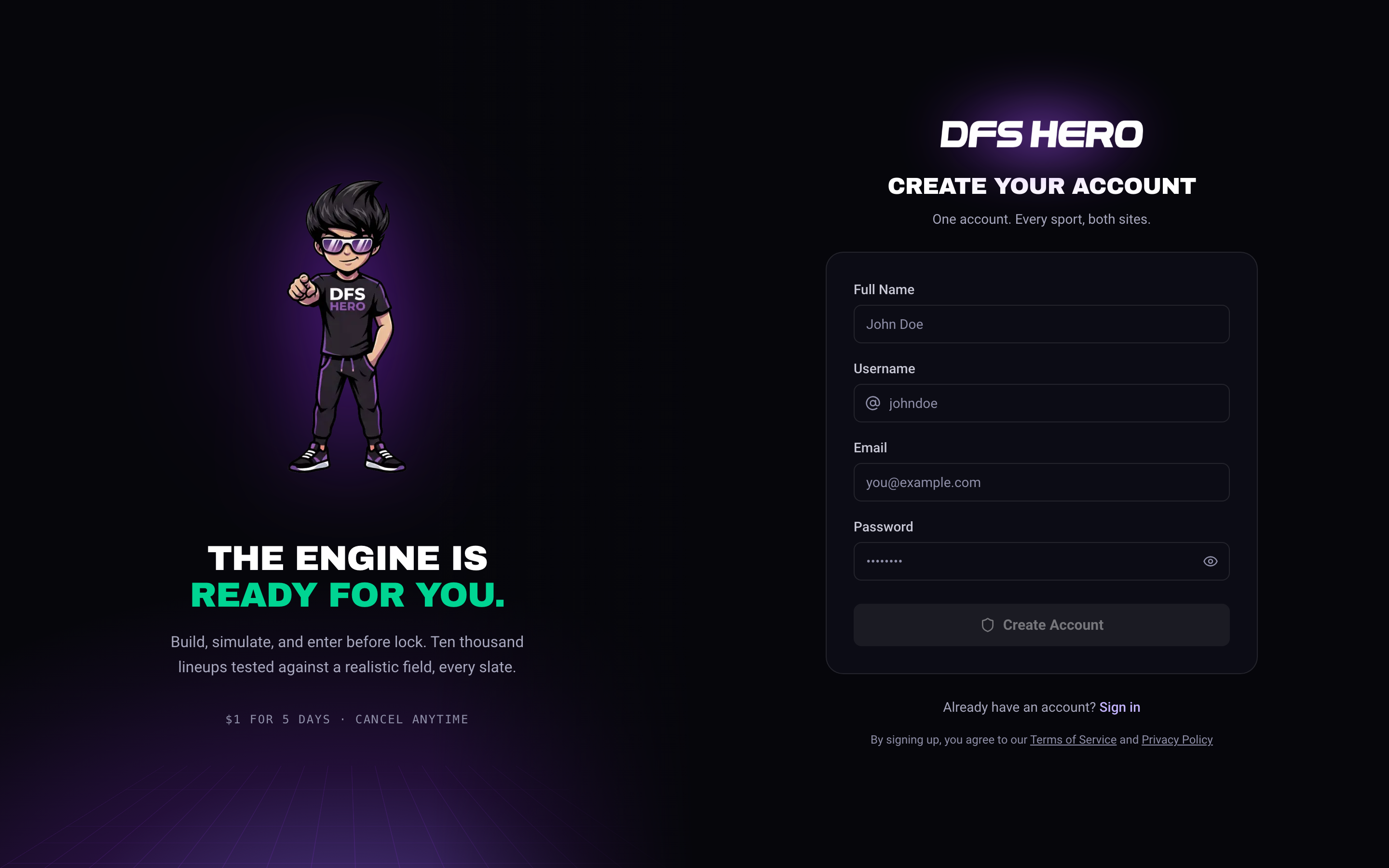 The sign-up page: the mascot and the $1 for 5 days line on the left, the Create your account form with Full Name, Username, Email, Password, and Create Account on the right