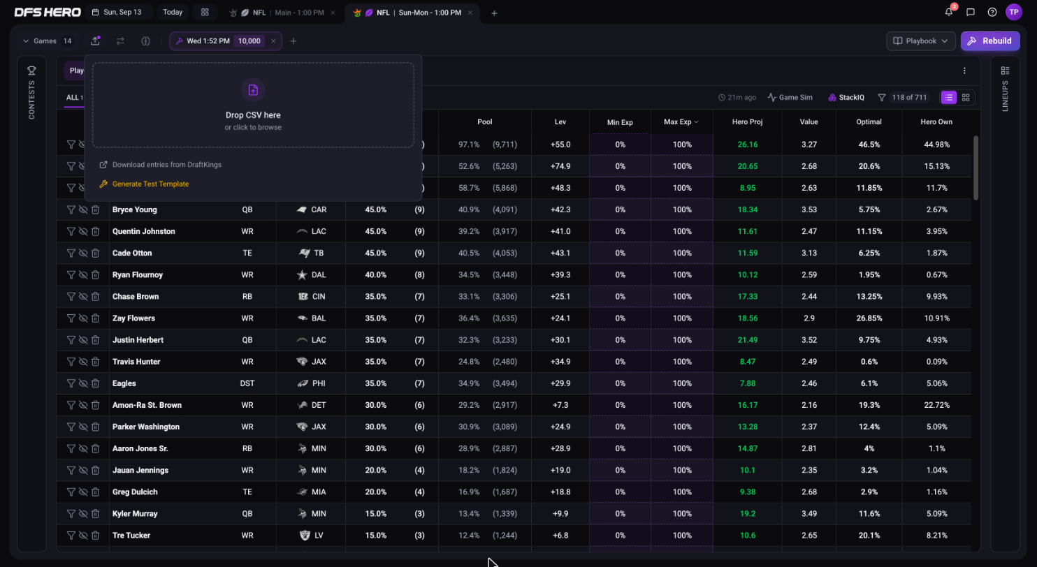 The empty Entries popover with the Drop CSV here zone and the Download entries from DraftKings link