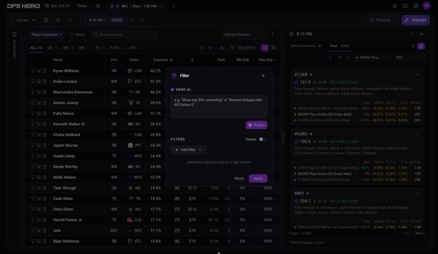 The Filter dialog with the HERO AI box, the FILTERS section, Add filter, Reset, and Apply