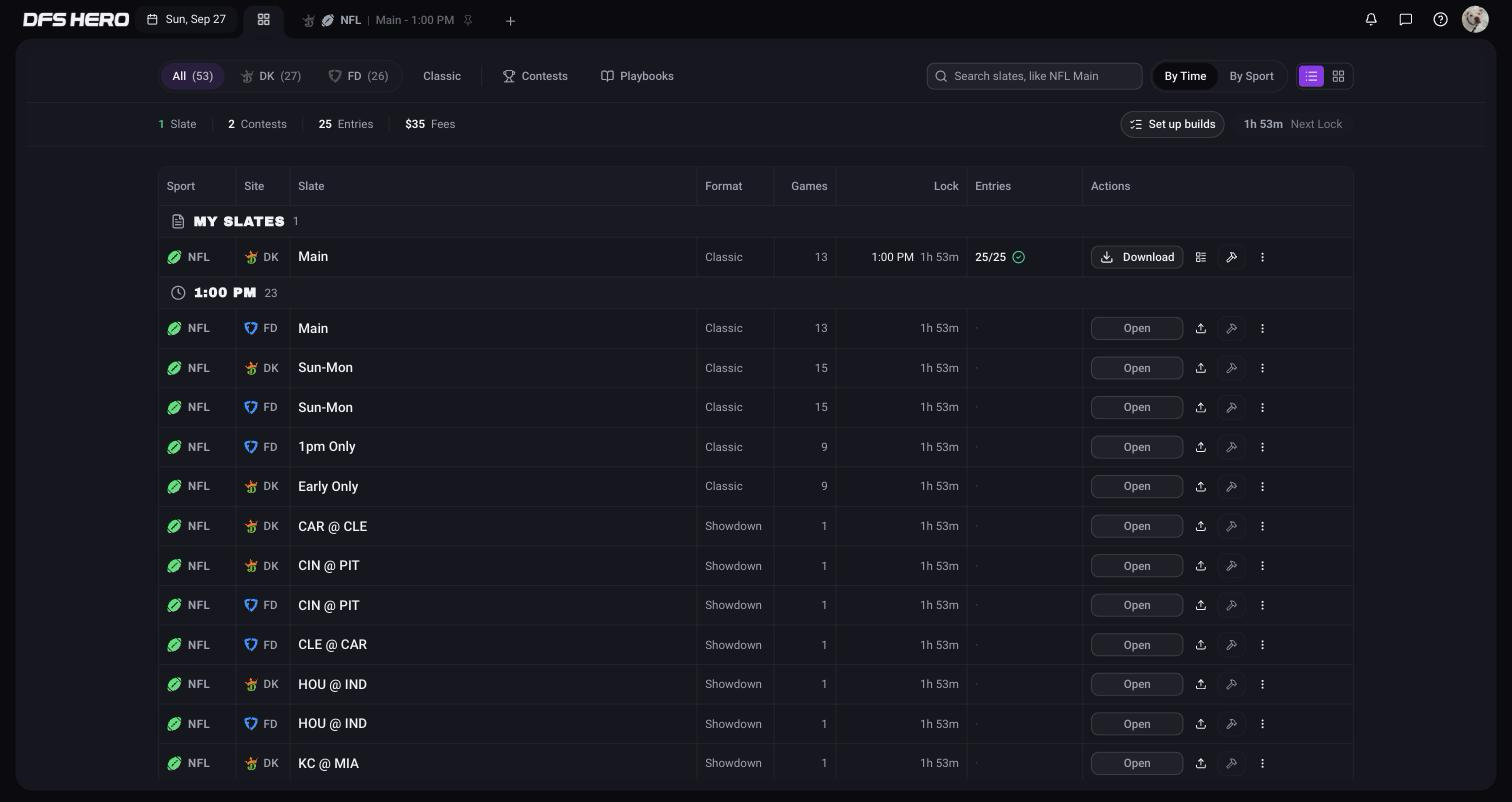 The Sunday Day View after a fill: the NFL Main slate shows 25/25 entries, a green check, and a Download button