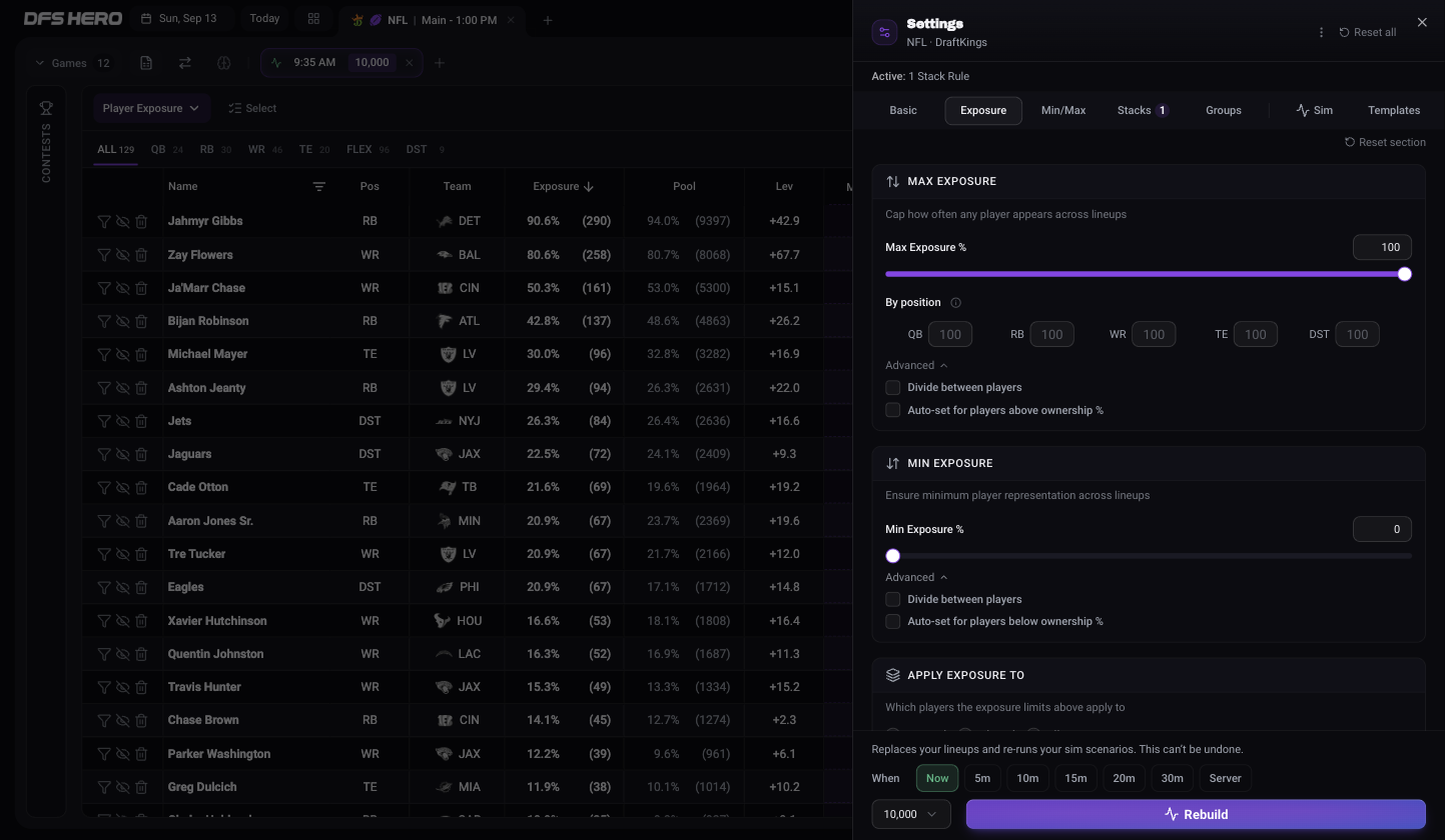 The Build Settings sheet, Exposure tab, with Max Exposure % at 100, the By position fields at 100, Min Exposure % at 0, and both Advanced sections open with their Divide between players and Auto-set boxes