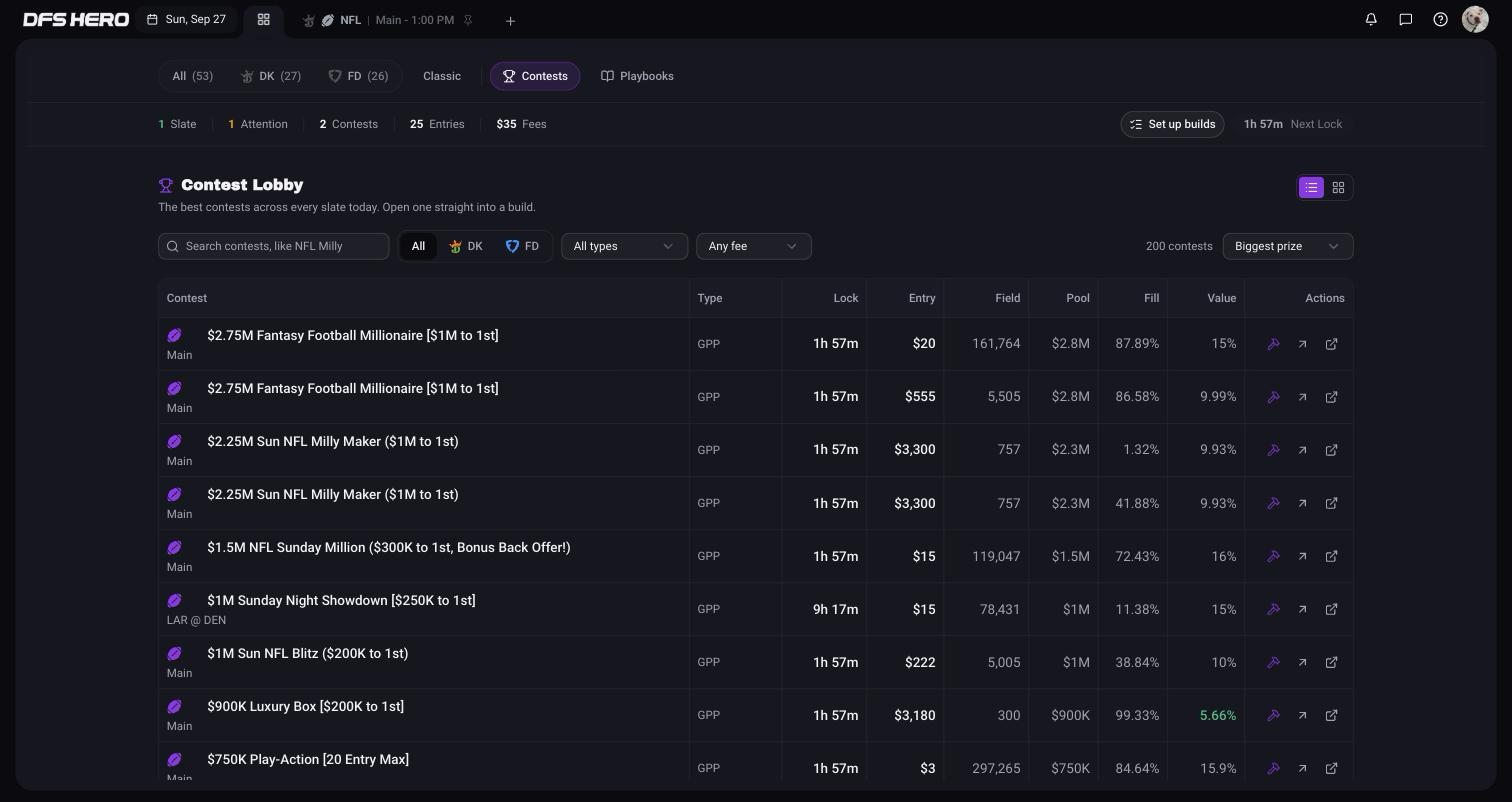 The Contest Lobby in Table view with the Contest, Type, Lock, Entry, Field, Pool, Fill, Value, and Actions columns