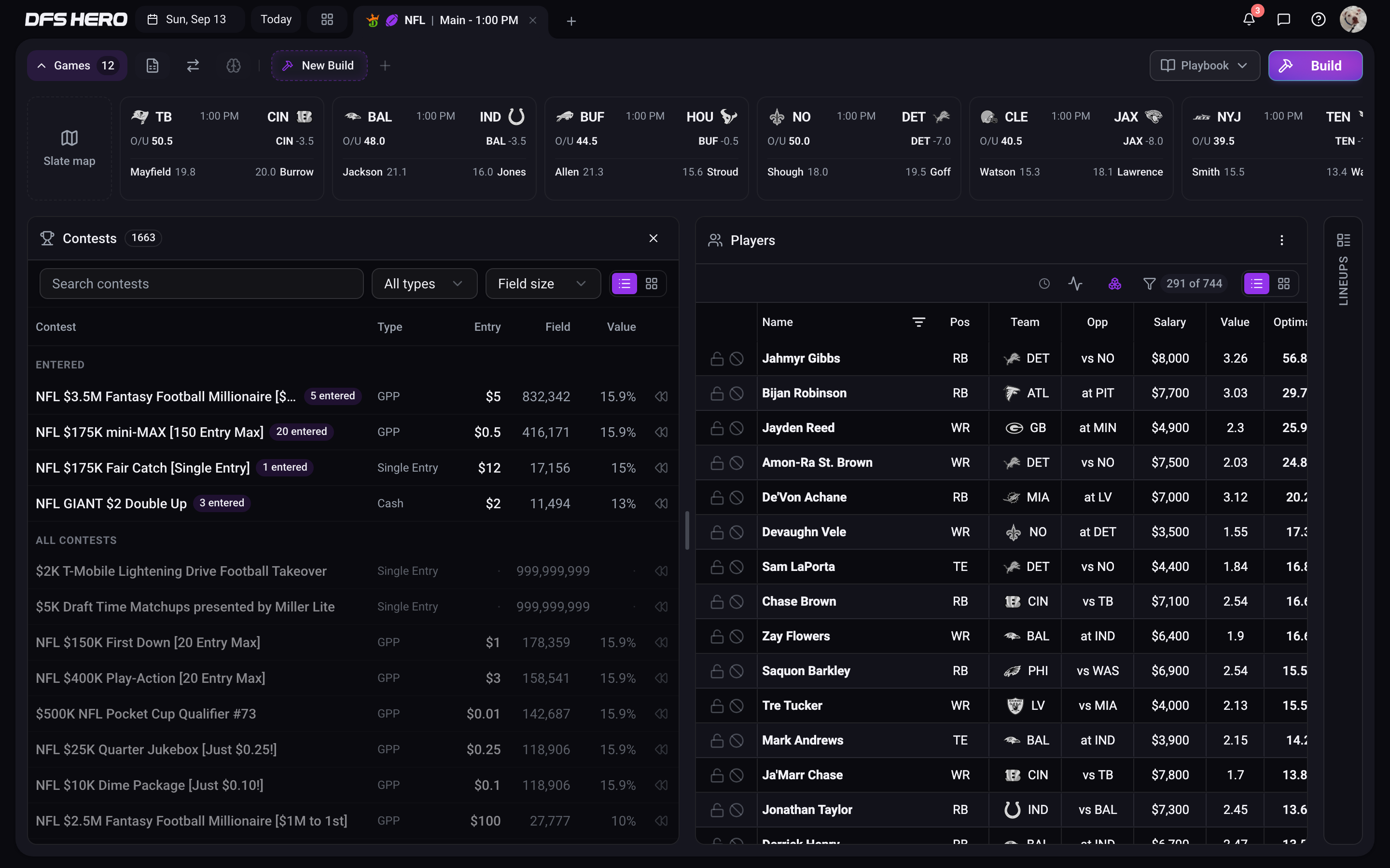 The Contests panel open next to the Player Pool on the NFL Main slate, with the Entered group of four contests above All contests