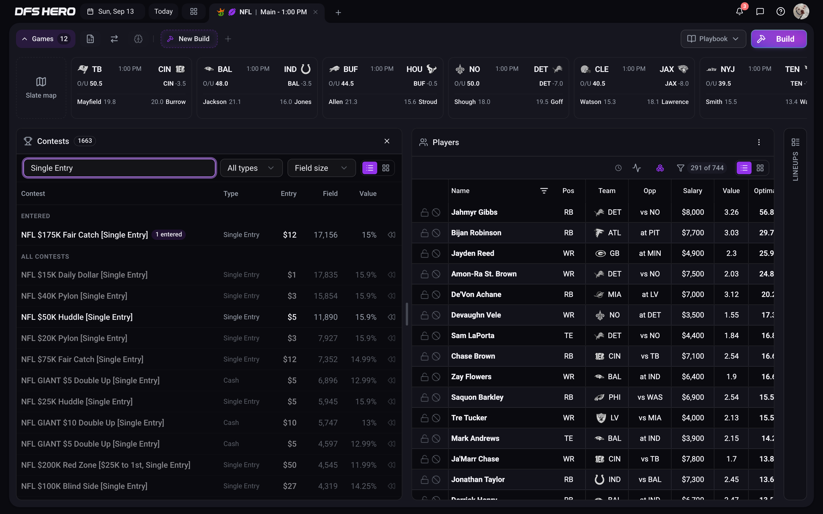 The Contests panel filtered by the search text Single Entry, with one entered contest on top