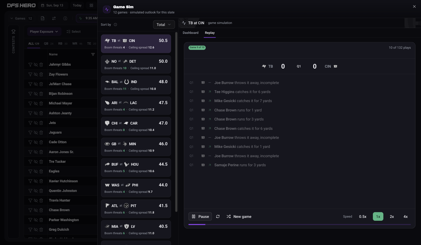 The Replay tab for TB at CIN mid-game, showing the scoreboard, the play feed, and the Pause, New game, and Speed controls
