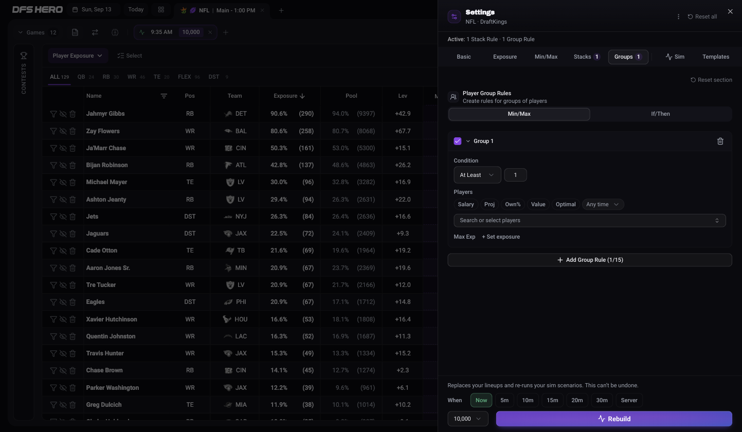 The Groups tab with one Min/Max group rule, Group 1, showing Condition At Least 1, the Players field, and the Max Exp control