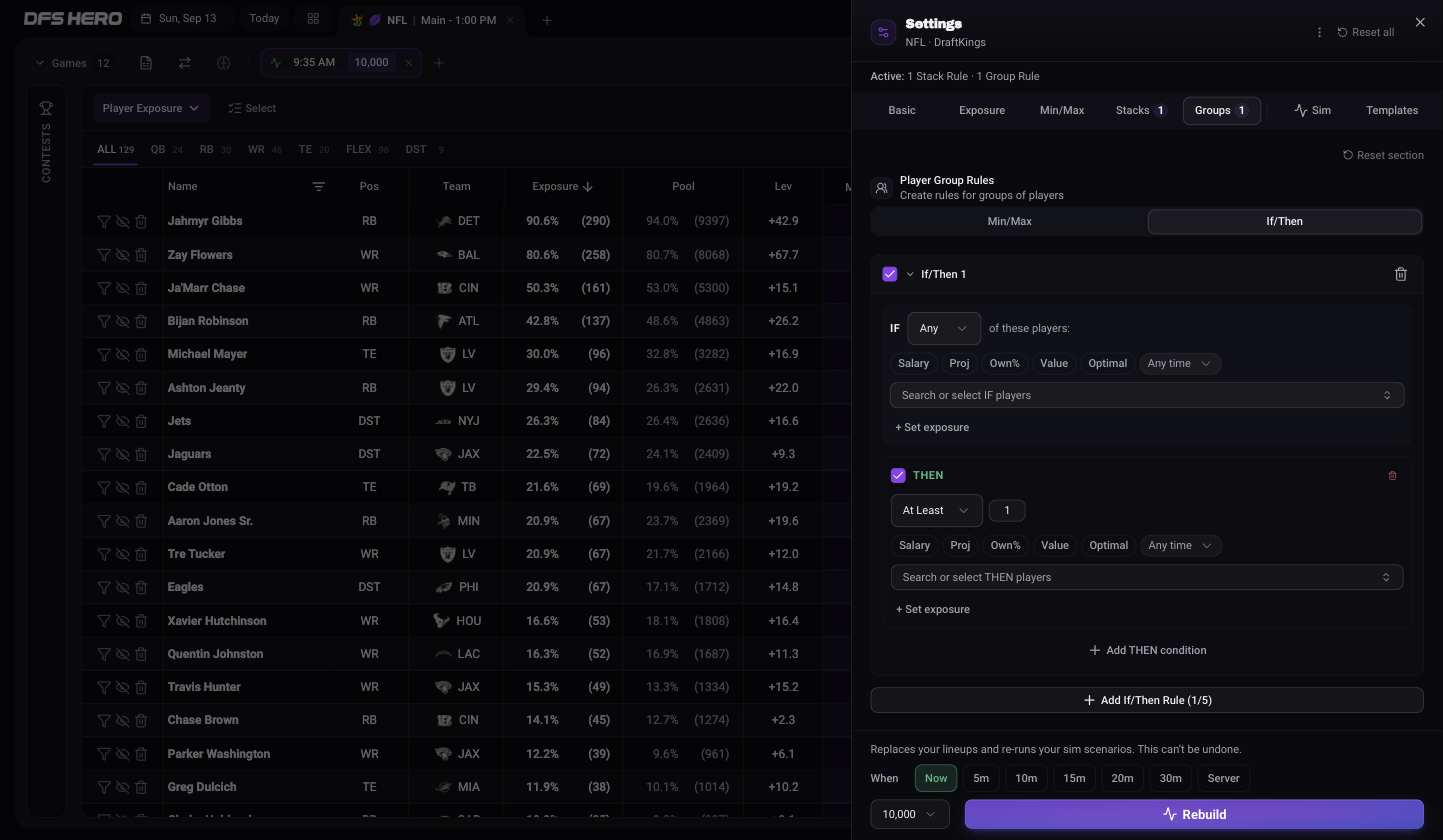 The Groups tab with one If/Then rule showing the IF block with Any of these players and the THEN block with At Least 1