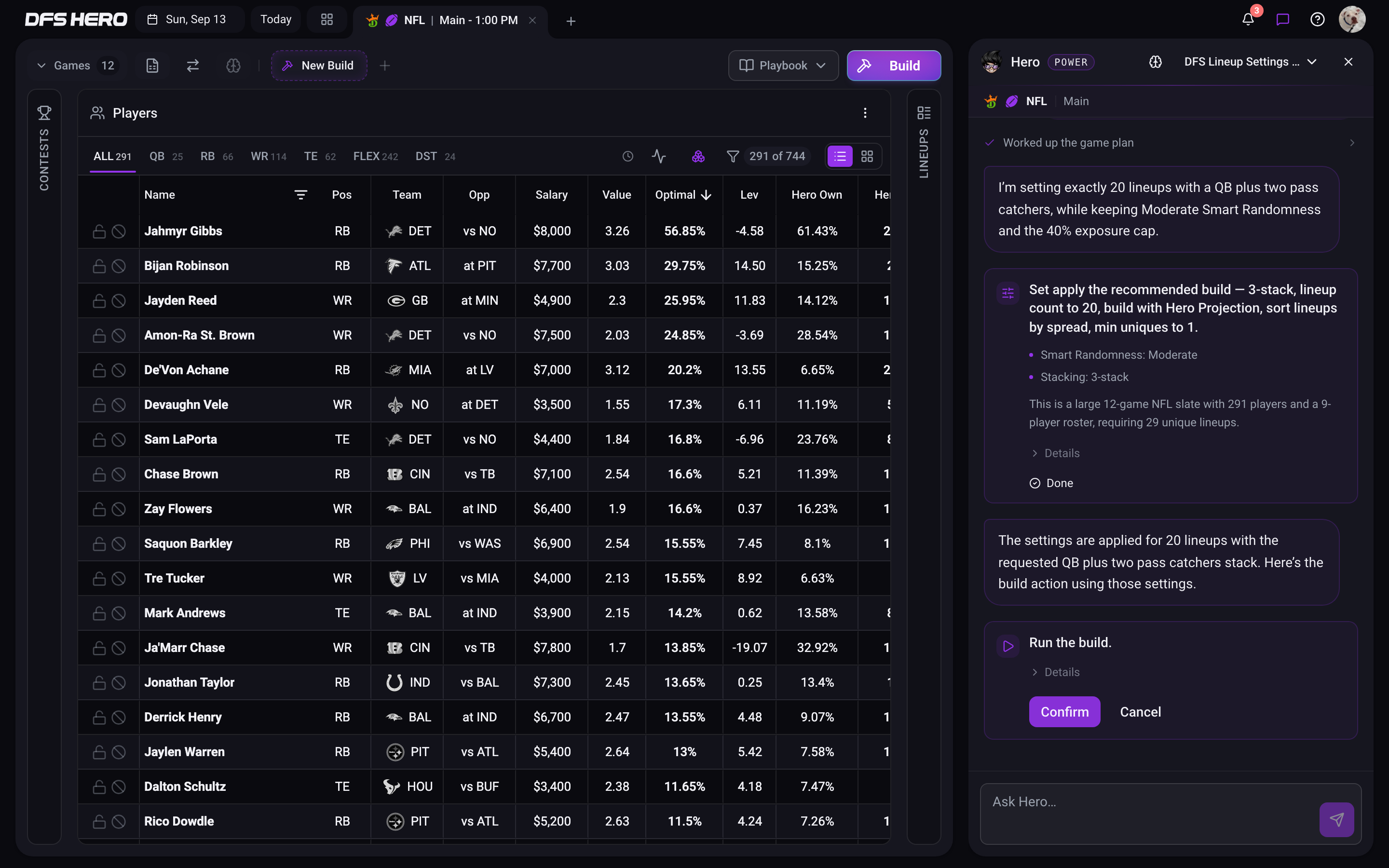 The Run the build card with Confirm and Cancel, after Hero applied the 20-lineup settings