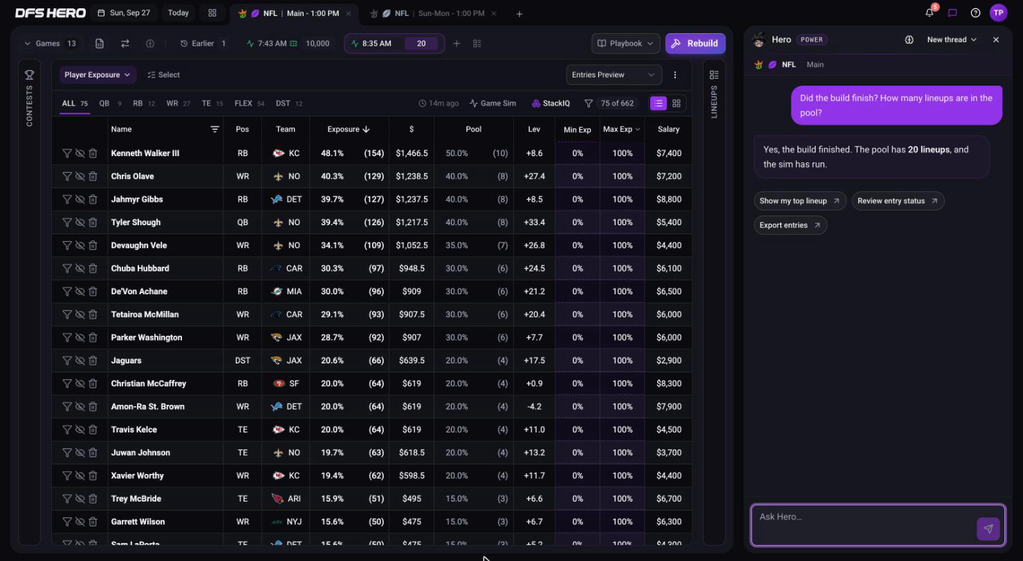 Hero's answer to the build question beside the finished 20-lineup build, with the real pool count and the suggestion chips