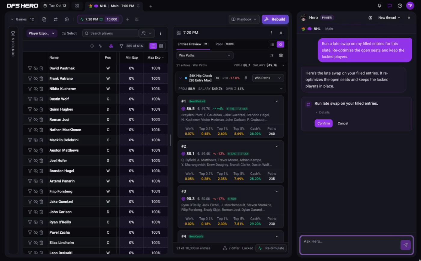The Hero Chat pane with the request and the Run late swap proposal card with Details, Confirm, and Cancel