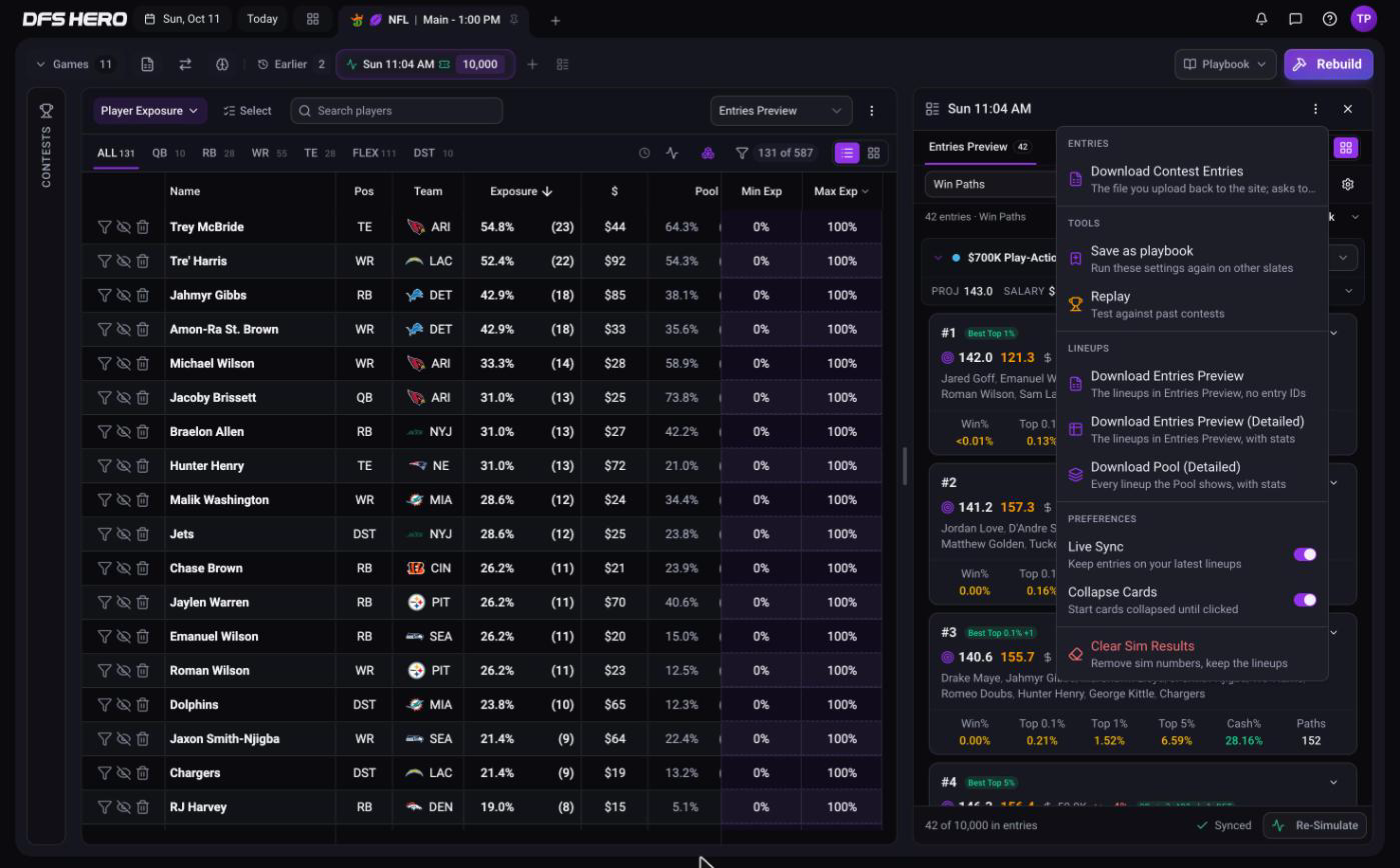 The Lineup actions menu open with the ENTRIES, TOOLS, LINEUPS, and PREFERENCES sections