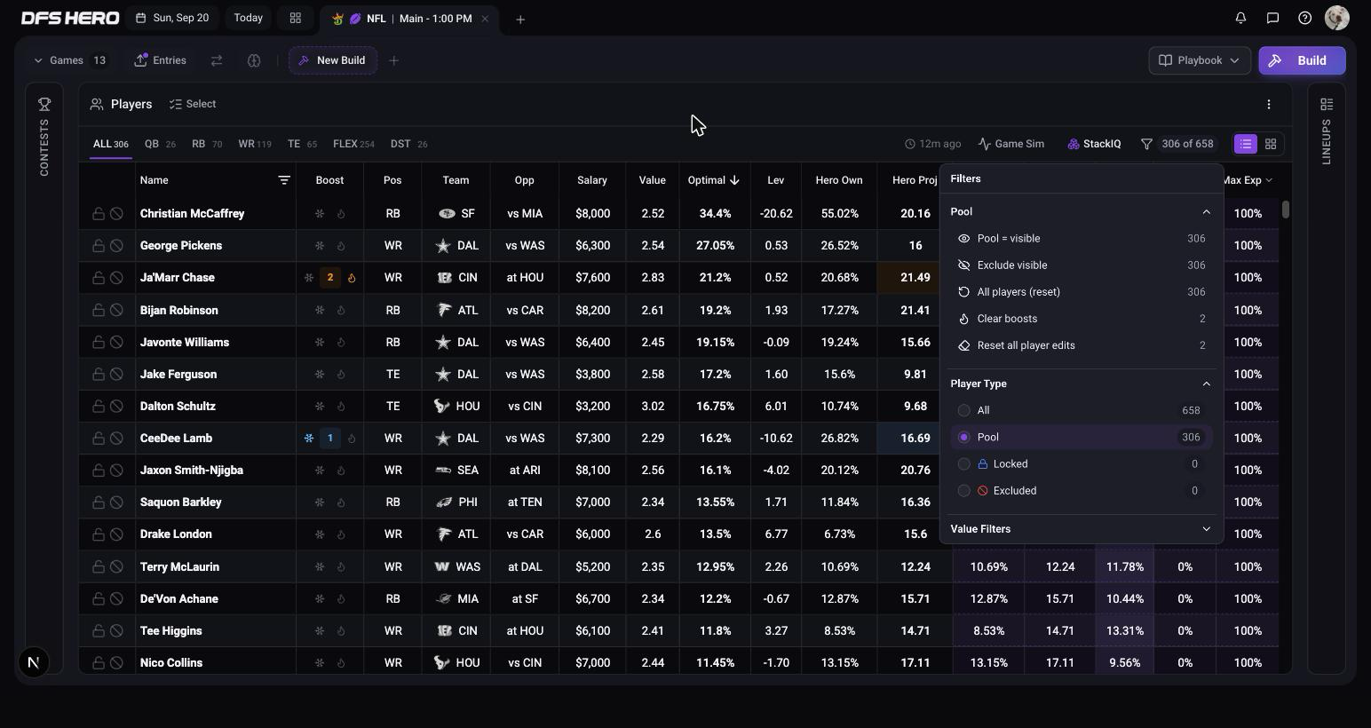 The Filters popover open over the grid with the Pool, Player Type, and Value Filters sections