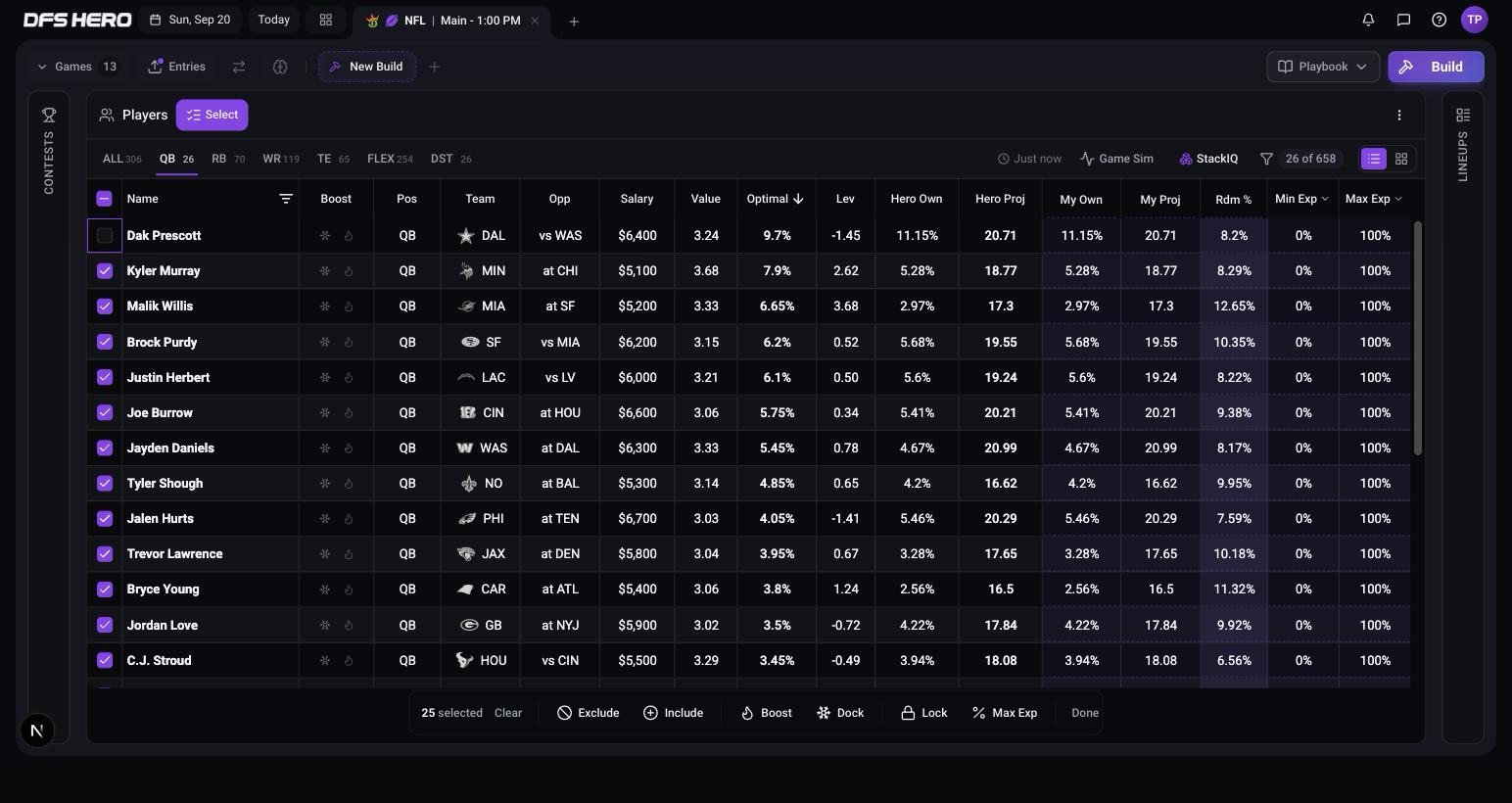 Select mode before a build: the QB tab with every row ticked except one, and the bar at the bottom with Clear, Exclude, Include, Boost, Dock, Lock, Max Exp, and Done