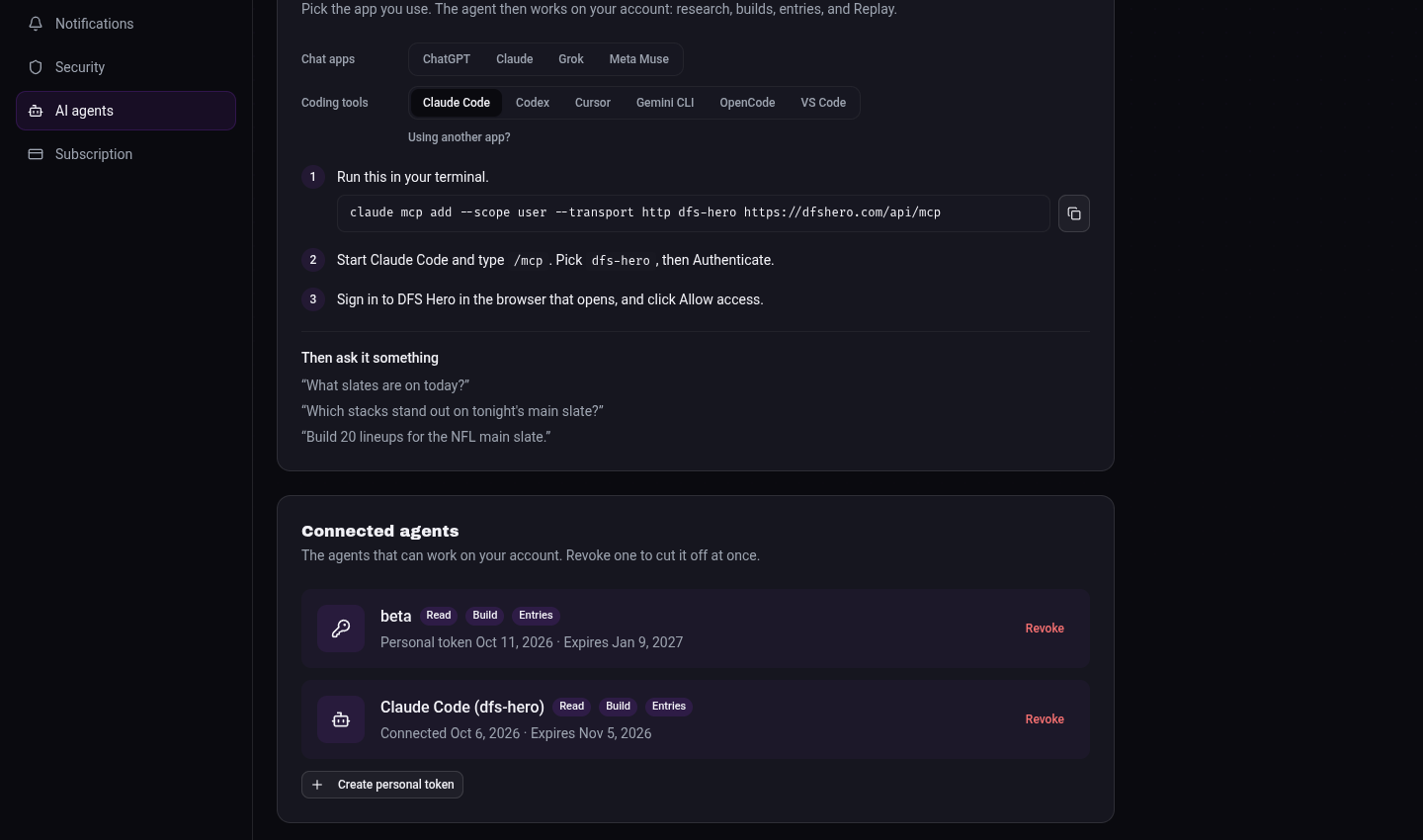 Connected agents on Settings, AI agents, with one connected app and one personal token, each with its access and dates and a Revoke button