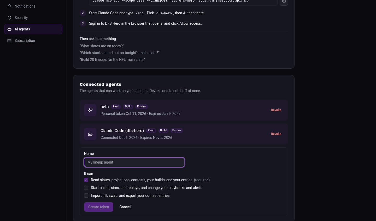 The personal token form with a name, the three access boxes, and the Create token button