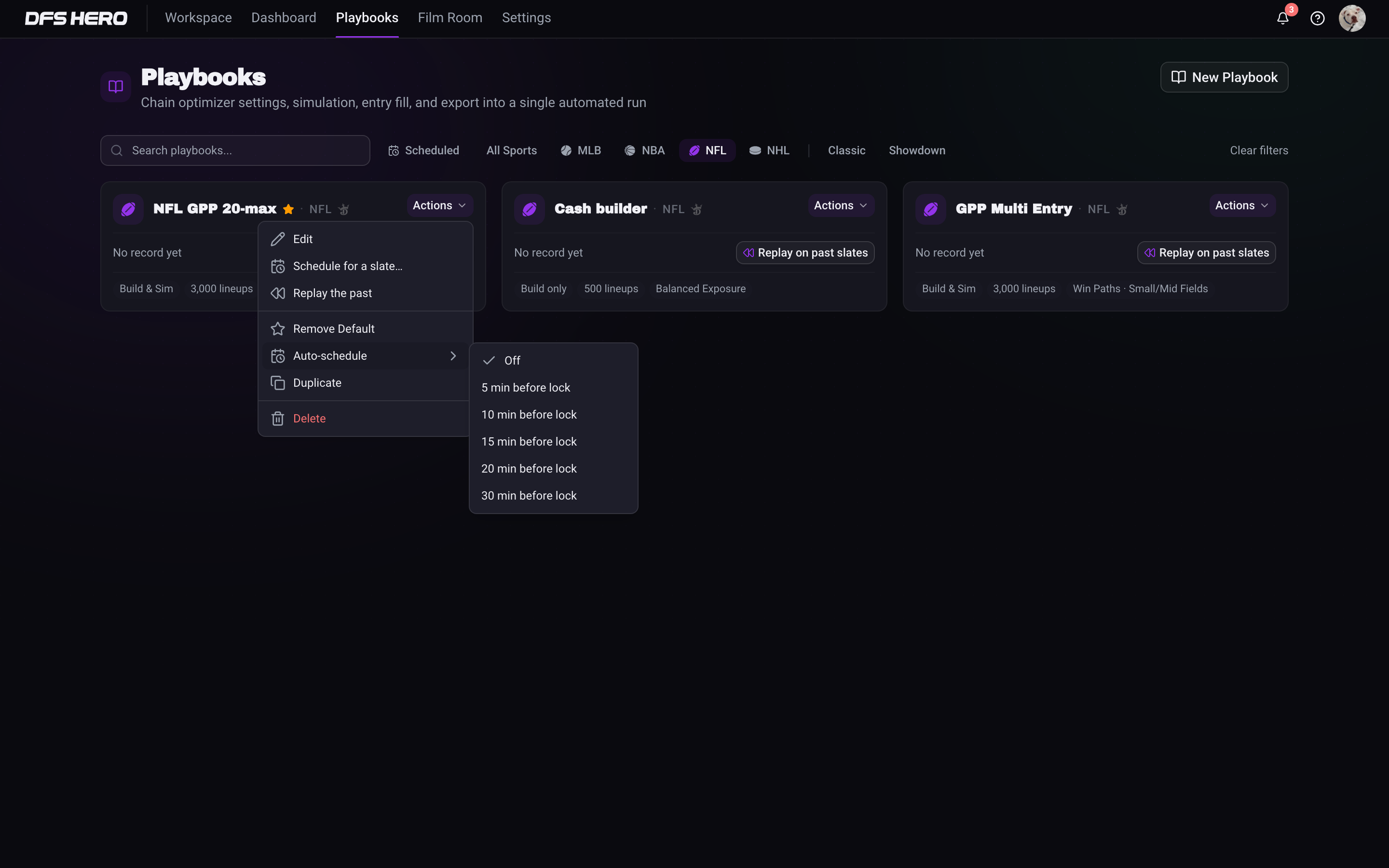 The default playbook's Actions menu with the Auto-schedule submenu open