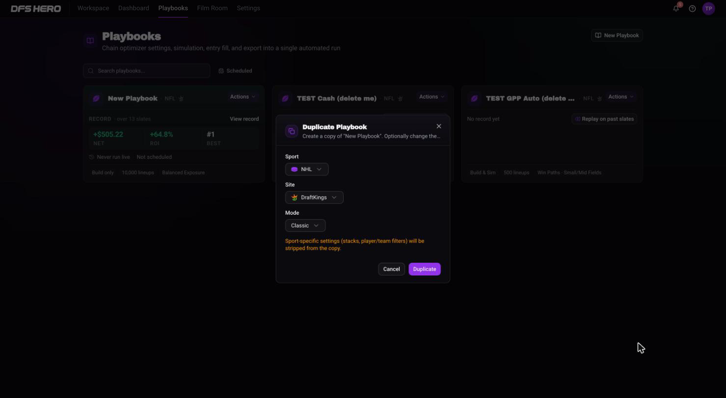 The Duplicate Playbook dialog with the sport switched to NHL, the warning about sport-specific settings, and the Cancel and Duplicate buttons
