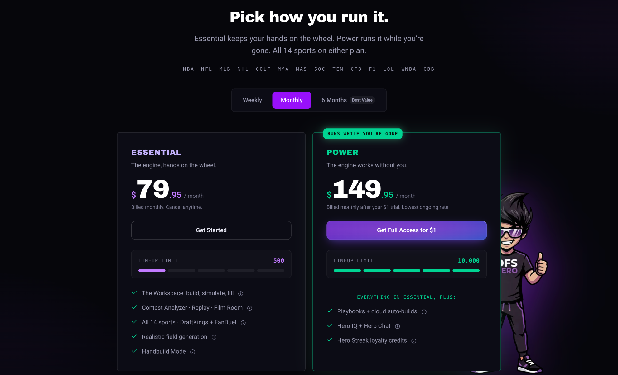 The pricing page with the Weekly, Monthly, and 6 Months switcher and the Essential and Power cards side by side