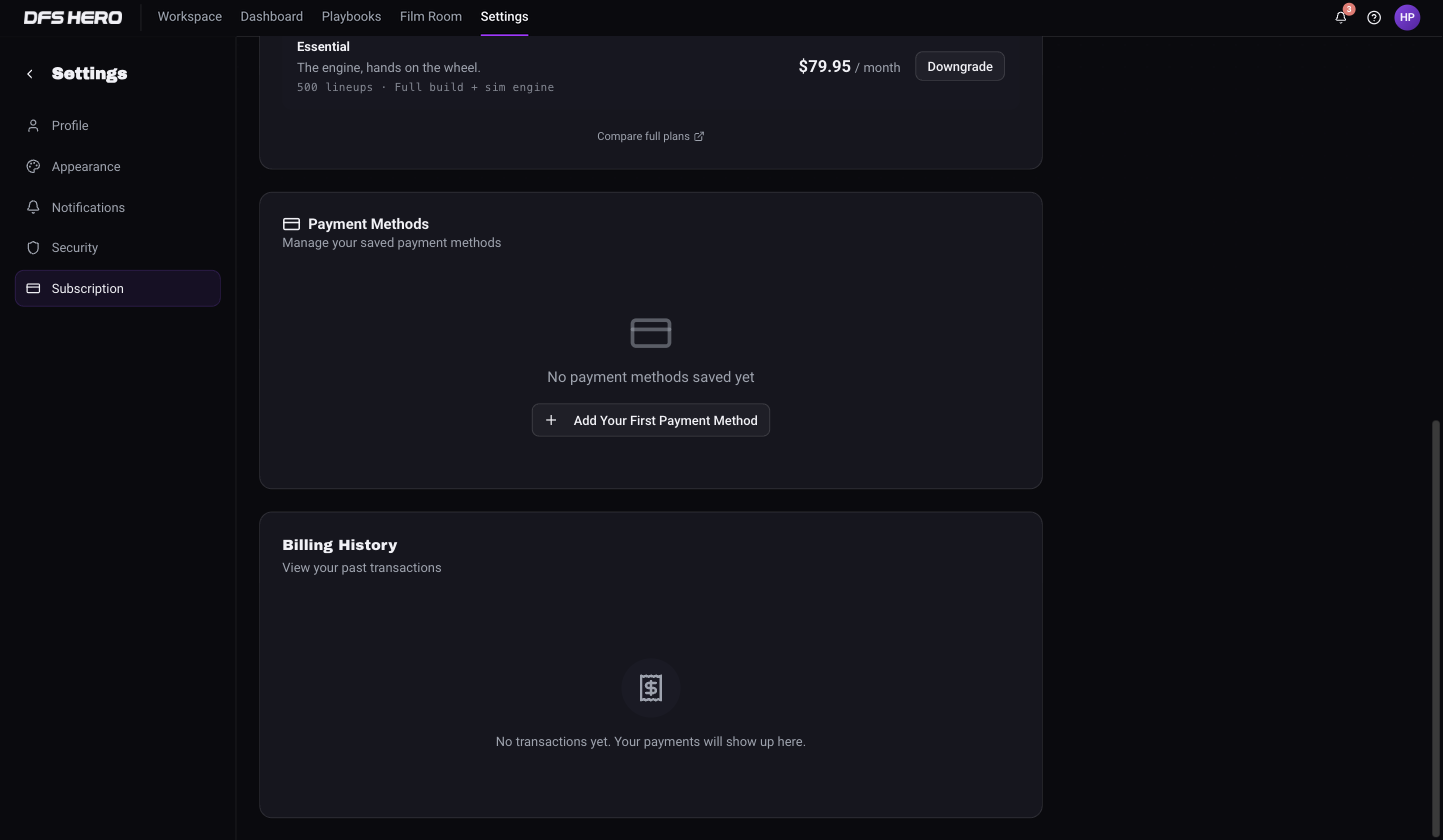 The Billing History card in its empty state with the text No transactions yet