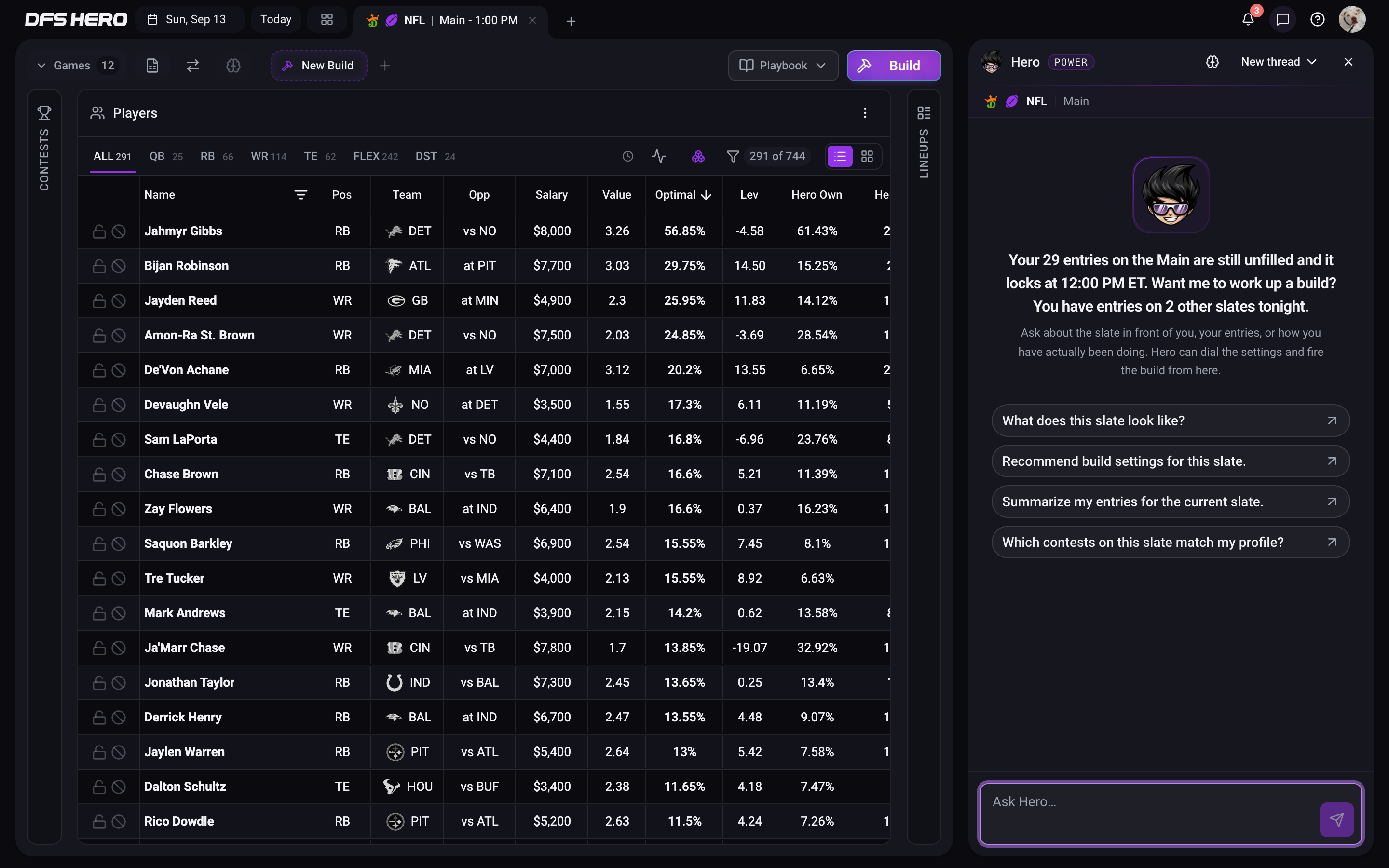 Hero Chat open on the Sunday NFL DraftKings Main slate, with the context rail showing NFL Main and the four workspace prompts