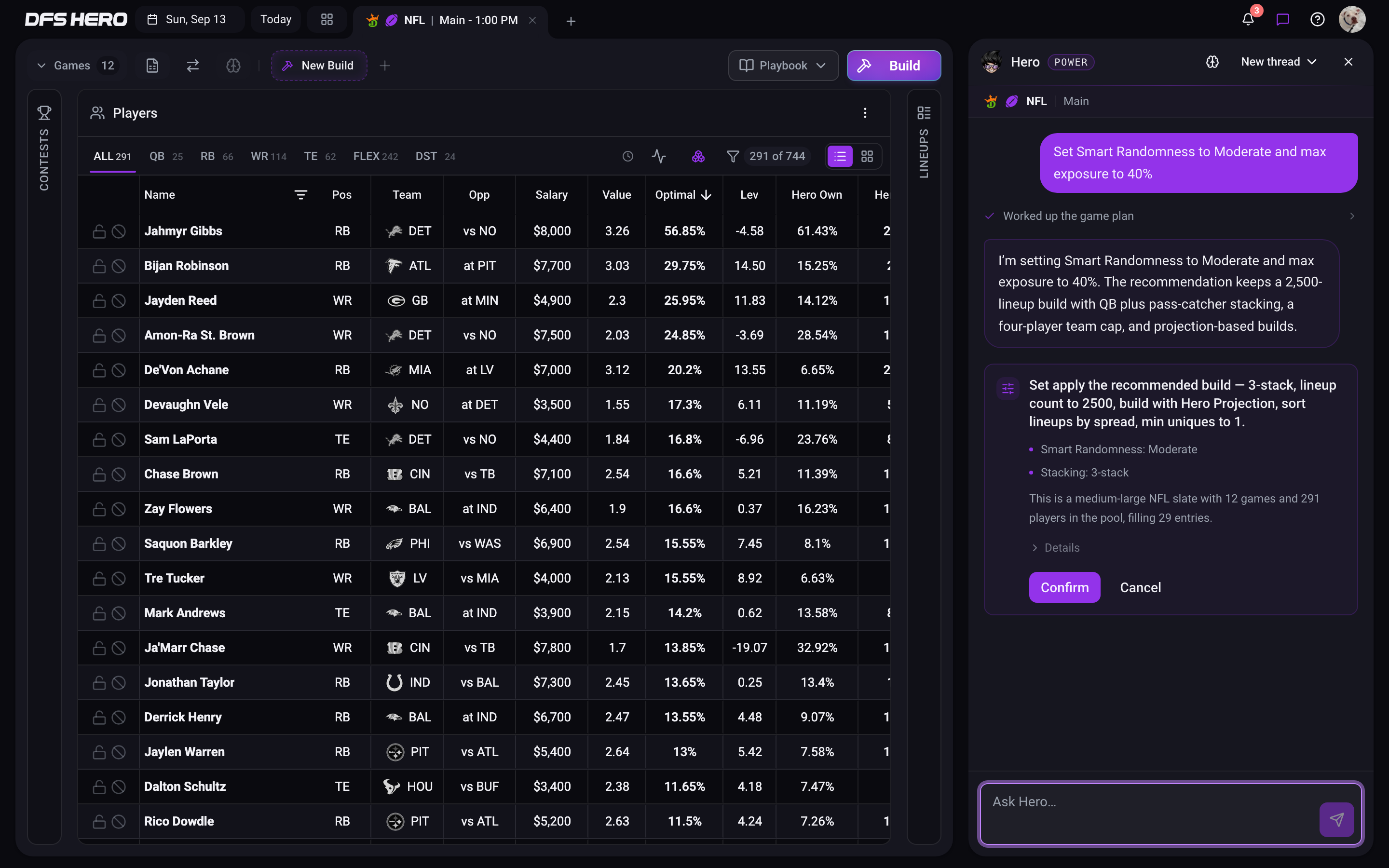 A Hero Chat proposal card for build settings on the NFL Main slate, with Smart Randomness Moderate, a 3-stack, Details, Confirm, and Cancel