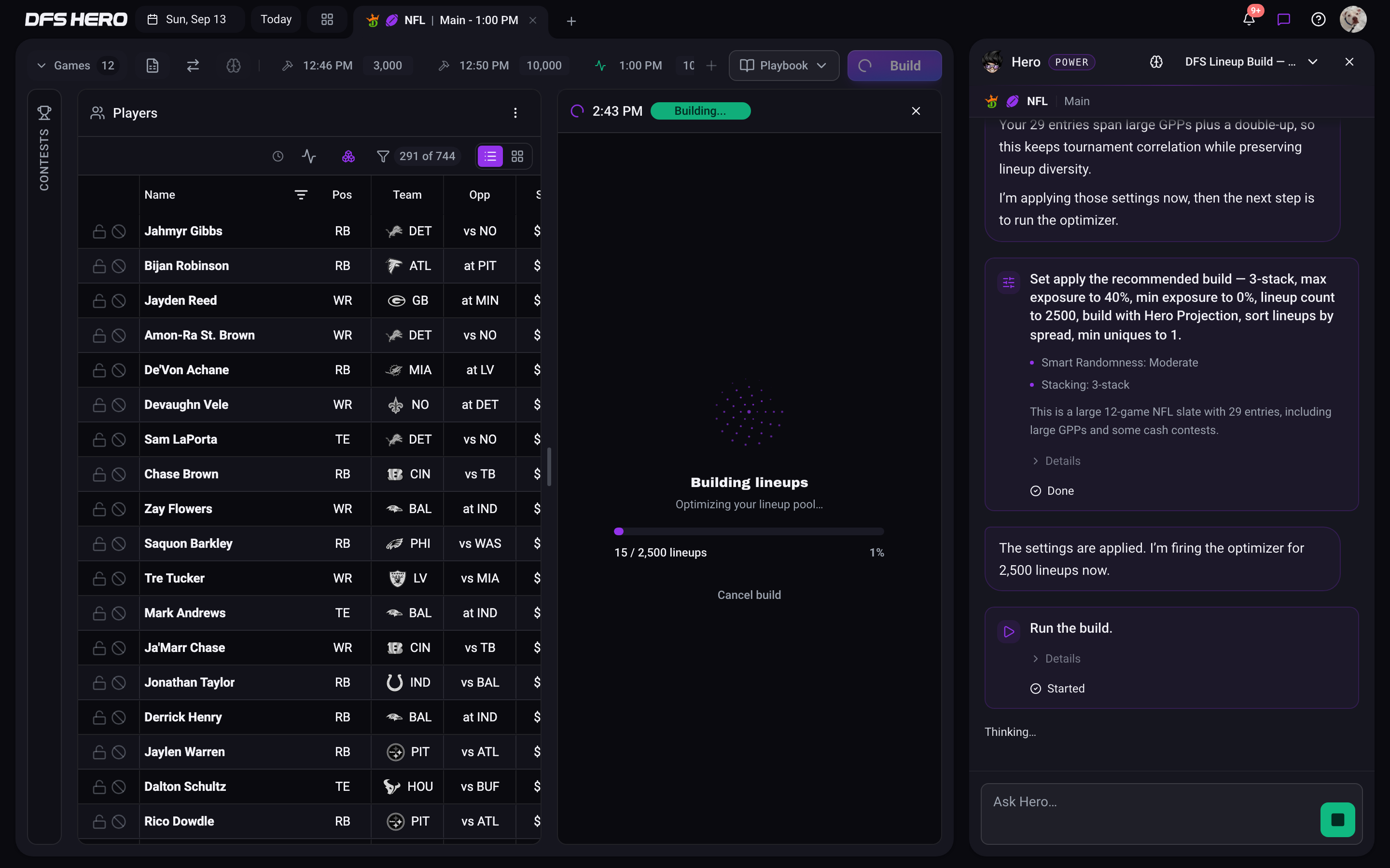 The workspace after Confirm on Run the build, with the build panel showing Building lineups and the chat card marked Started