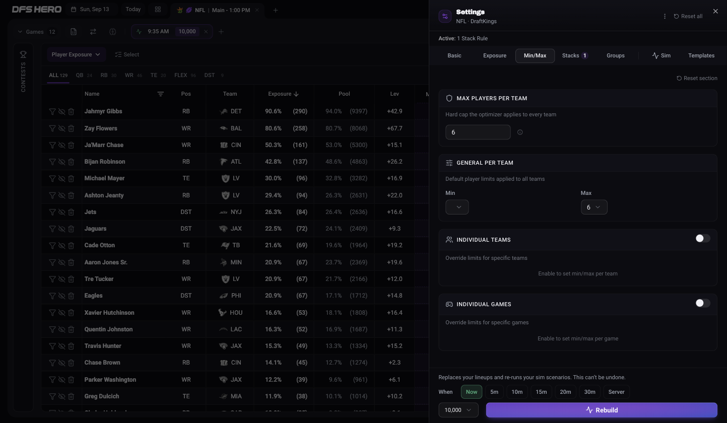 The Build Settings sheet, Min/Max tab, on a DraftKings NFL slate, with the Individual Teams and Individual Games switches off