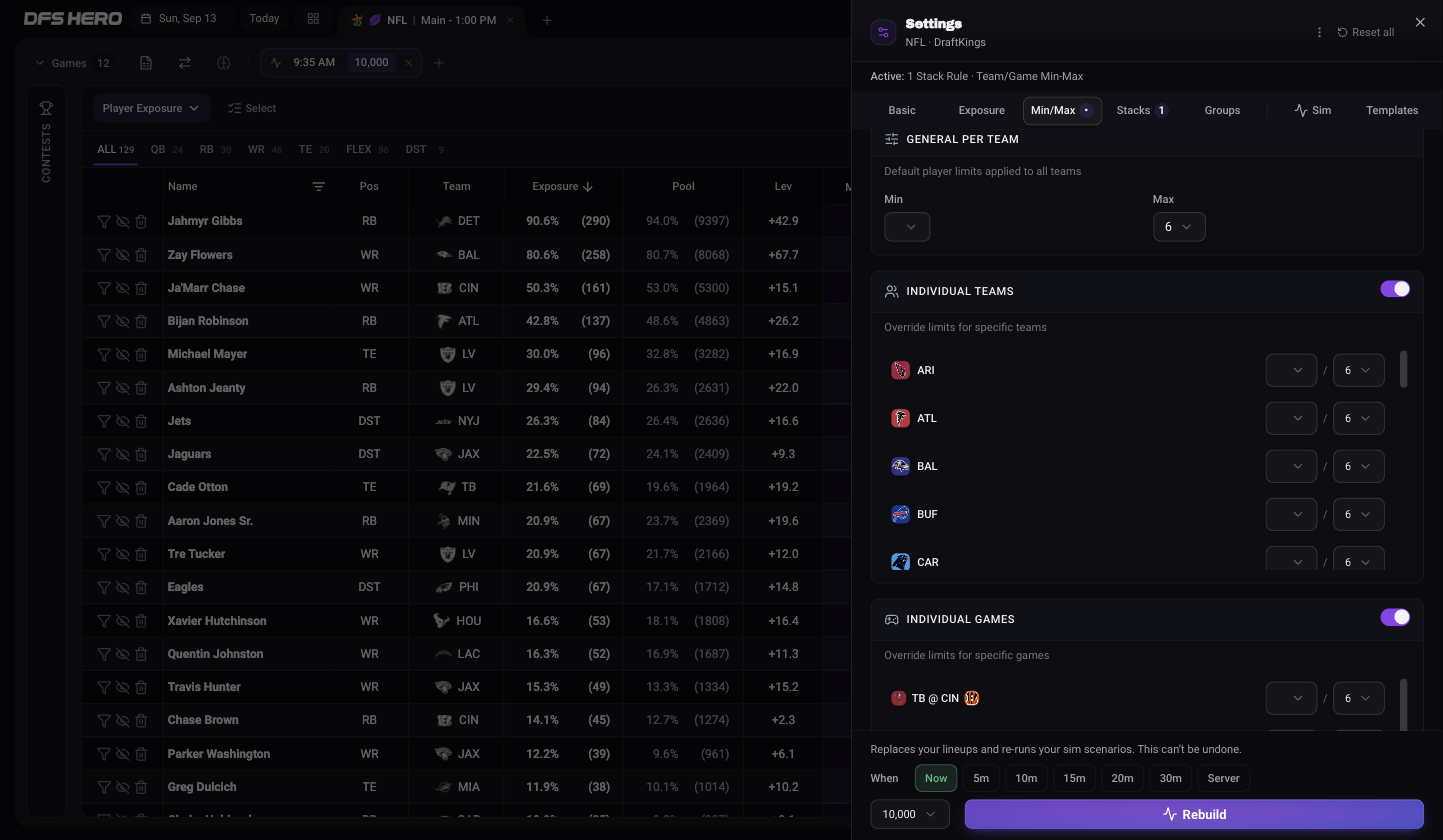 The Min/Max tab with Individual Teams and Individual Games switched on, showing one row per team with min and max selects