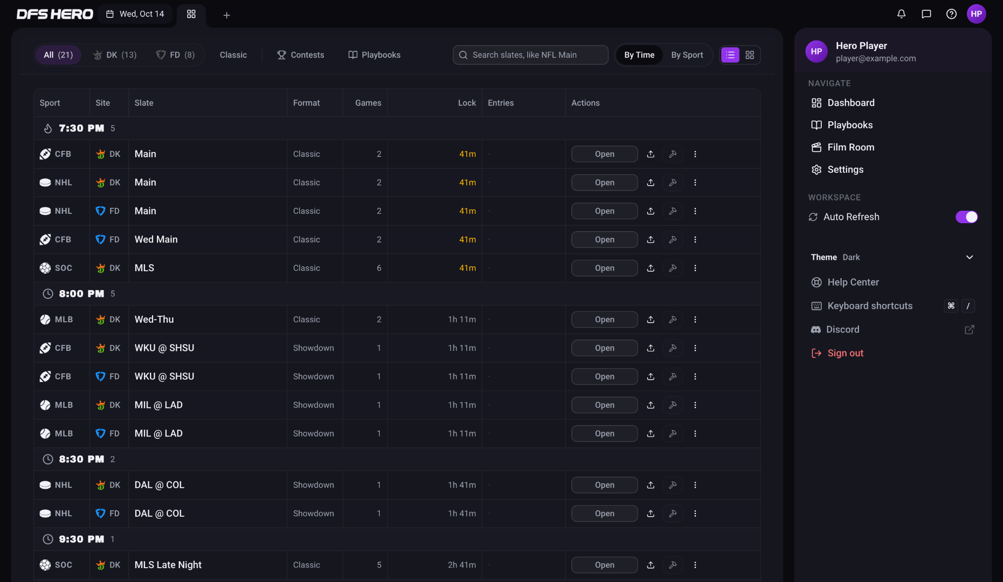 The avatar drawer open over the Day View: the name and email, the NAVIGATE links, the WORKSPACE section with Auto Refresh and Theme, then Help Center, Keyboard shortcuts, Discord, and Sign out