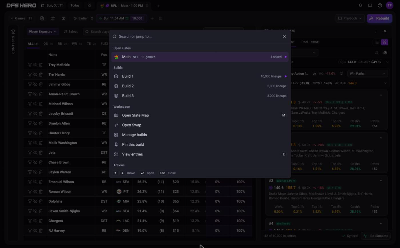 The command palette open over an NFL workspace, showing the Open slates, Builds, and Workspace groups