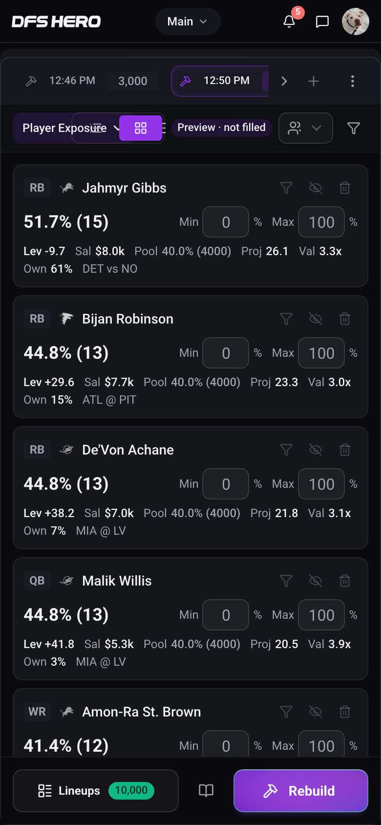 The NFL workspace on a phone: the build tab strip, the Player Exposure cards, and the bottom bar with Lineups 10,000 and Rebuild
