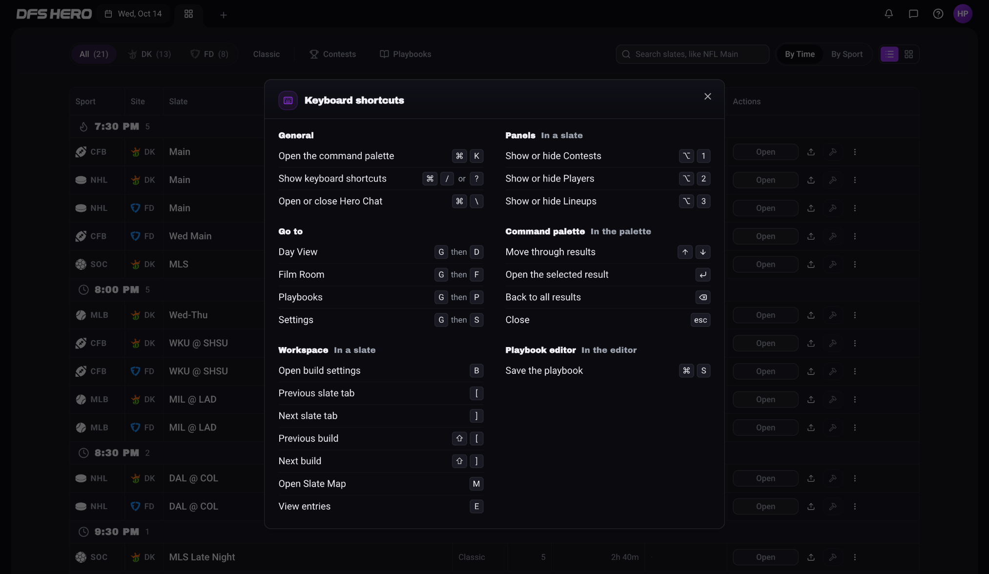 The Keyboard shortcuts sheet, grouped into General, Go to, Workspace, Panels, Command palette, and Playbook editor